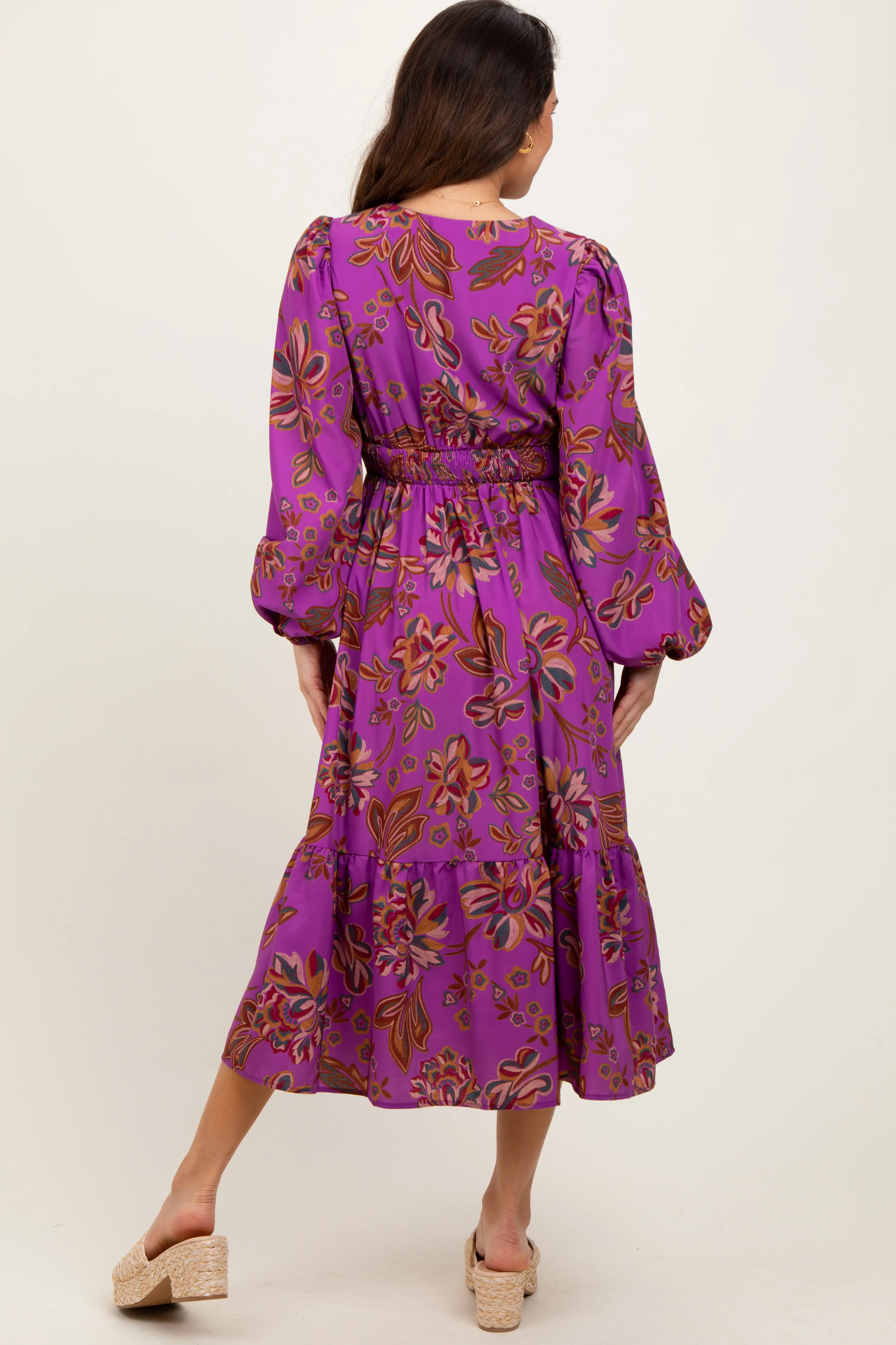 Plum Floral Smocked Waist Long Sleeve Midi Dress - Image 2