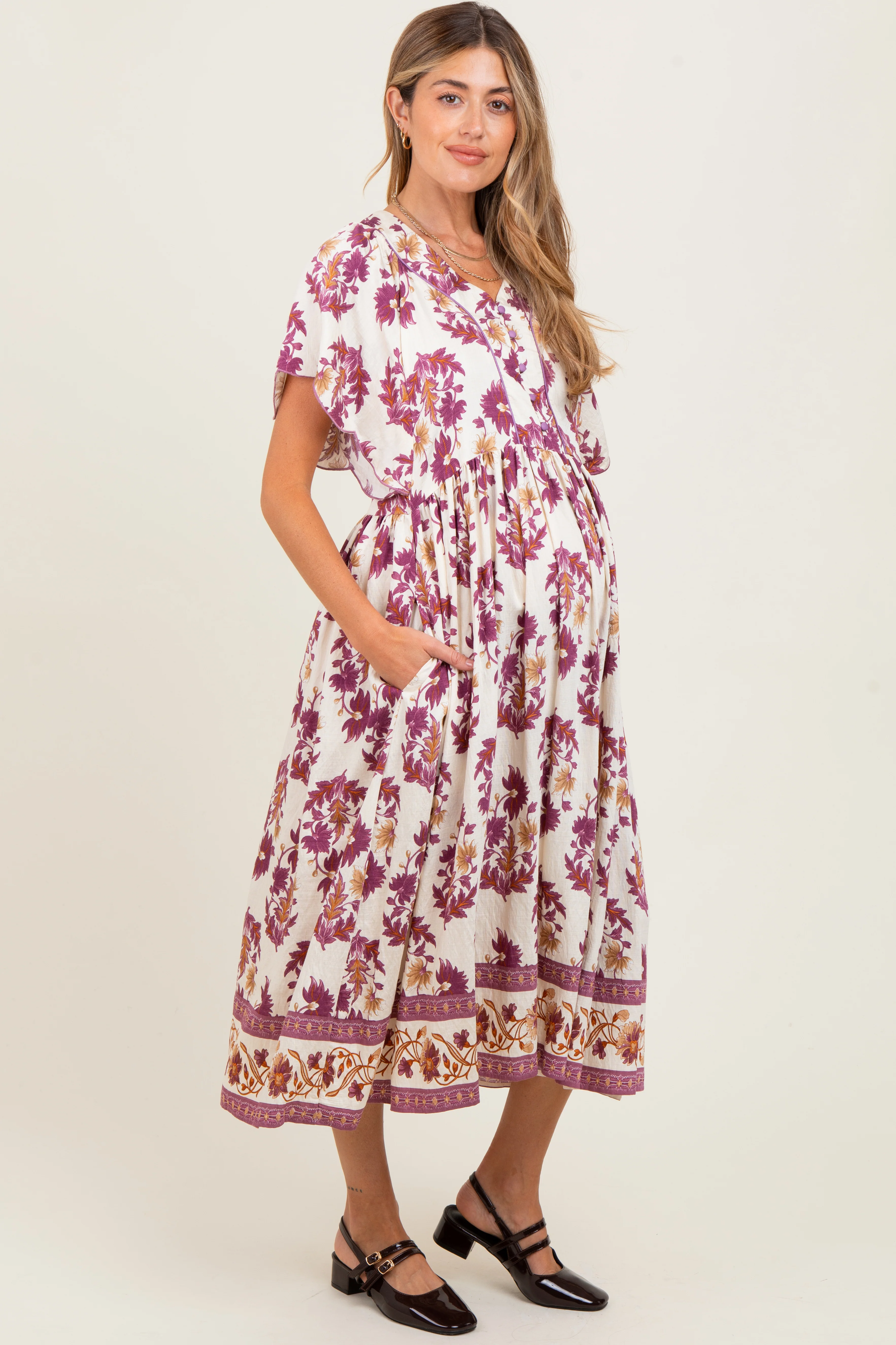 Plum Floral V-Neck Button Detail Maternity Mid Dress - Image 3