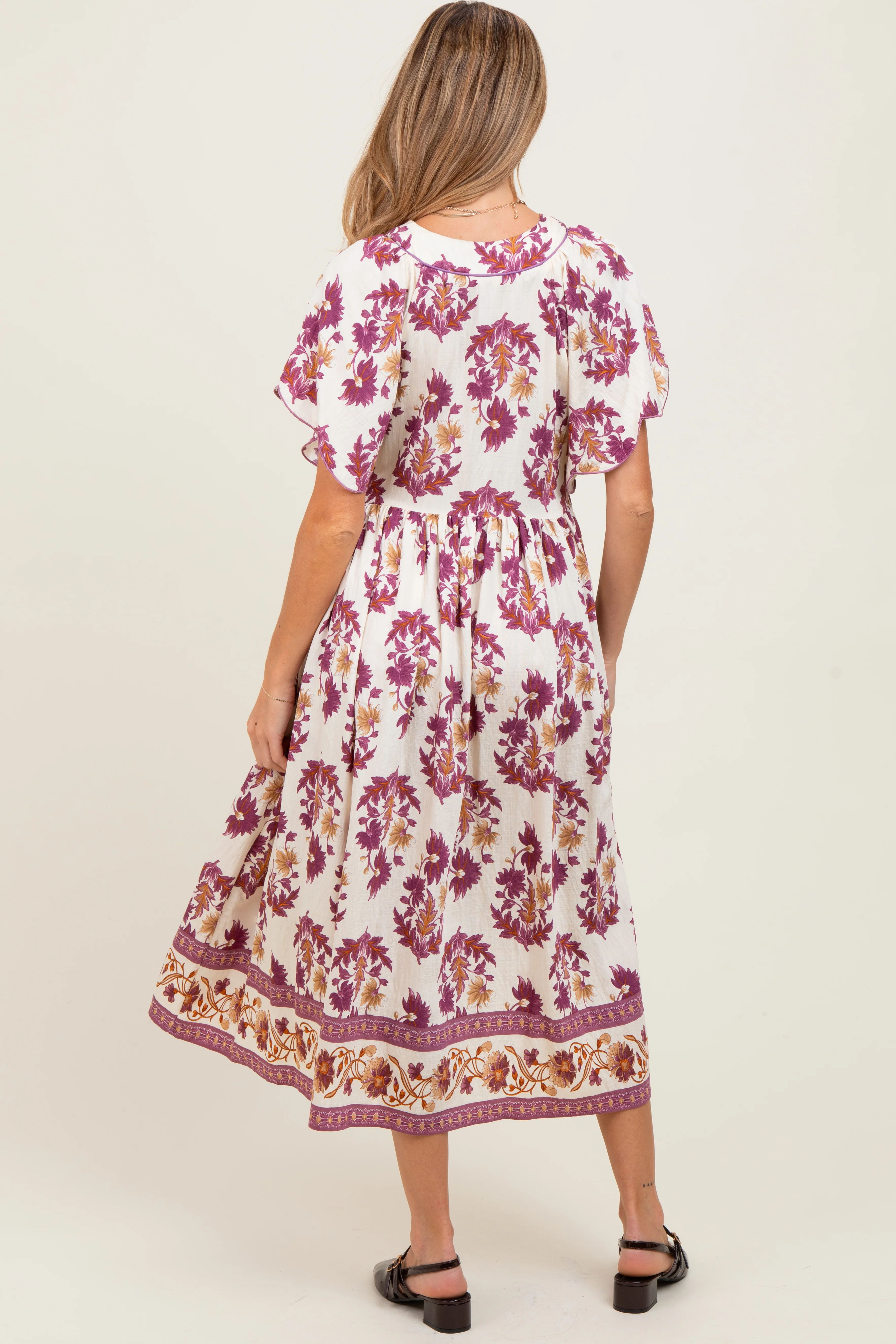 Plum Floral V-Neck Button Detail Maternity Mid Dress - Image 4