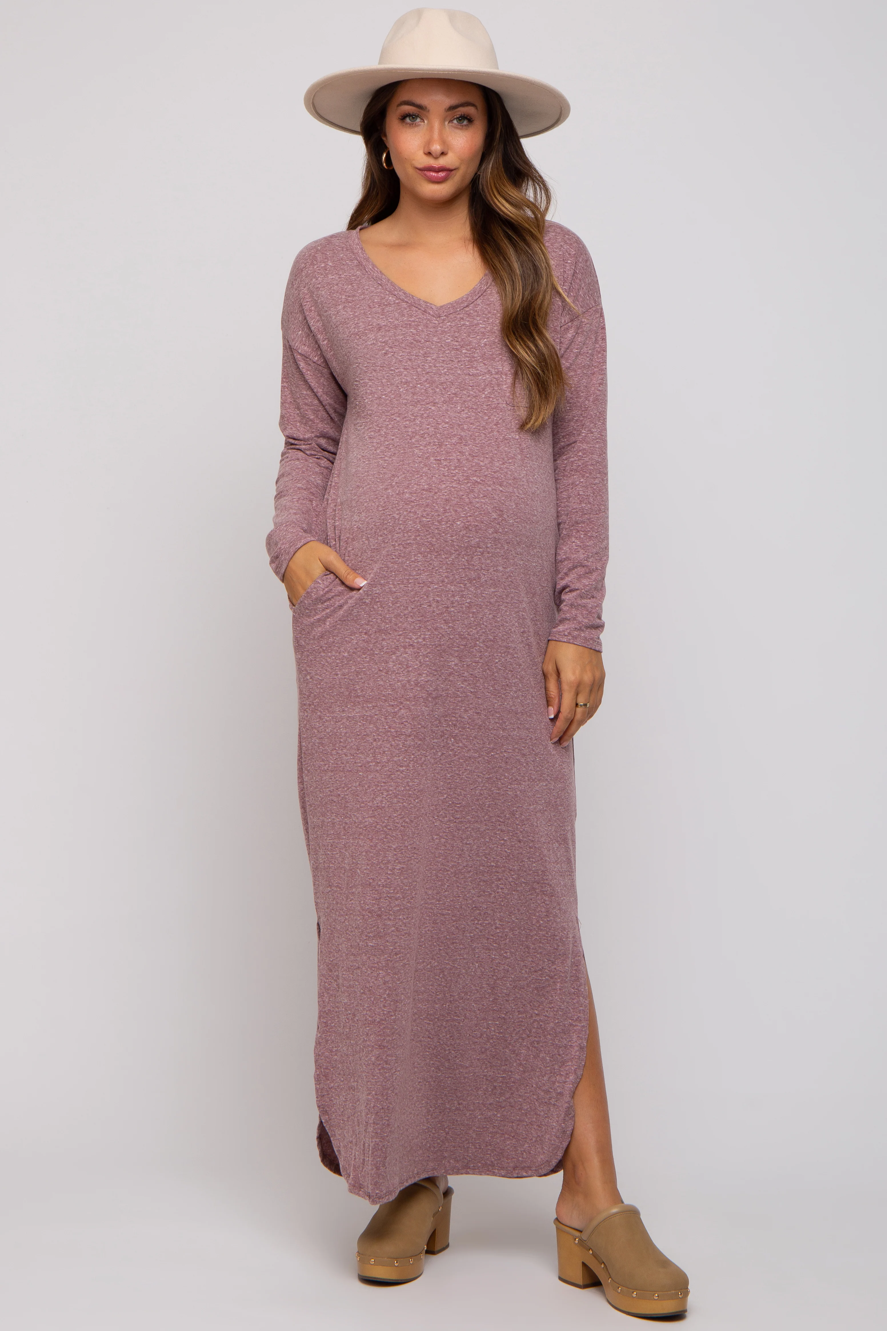 Plum Heathered Pocketed Long Sleeve Maternity Maxi Dress - Image 4