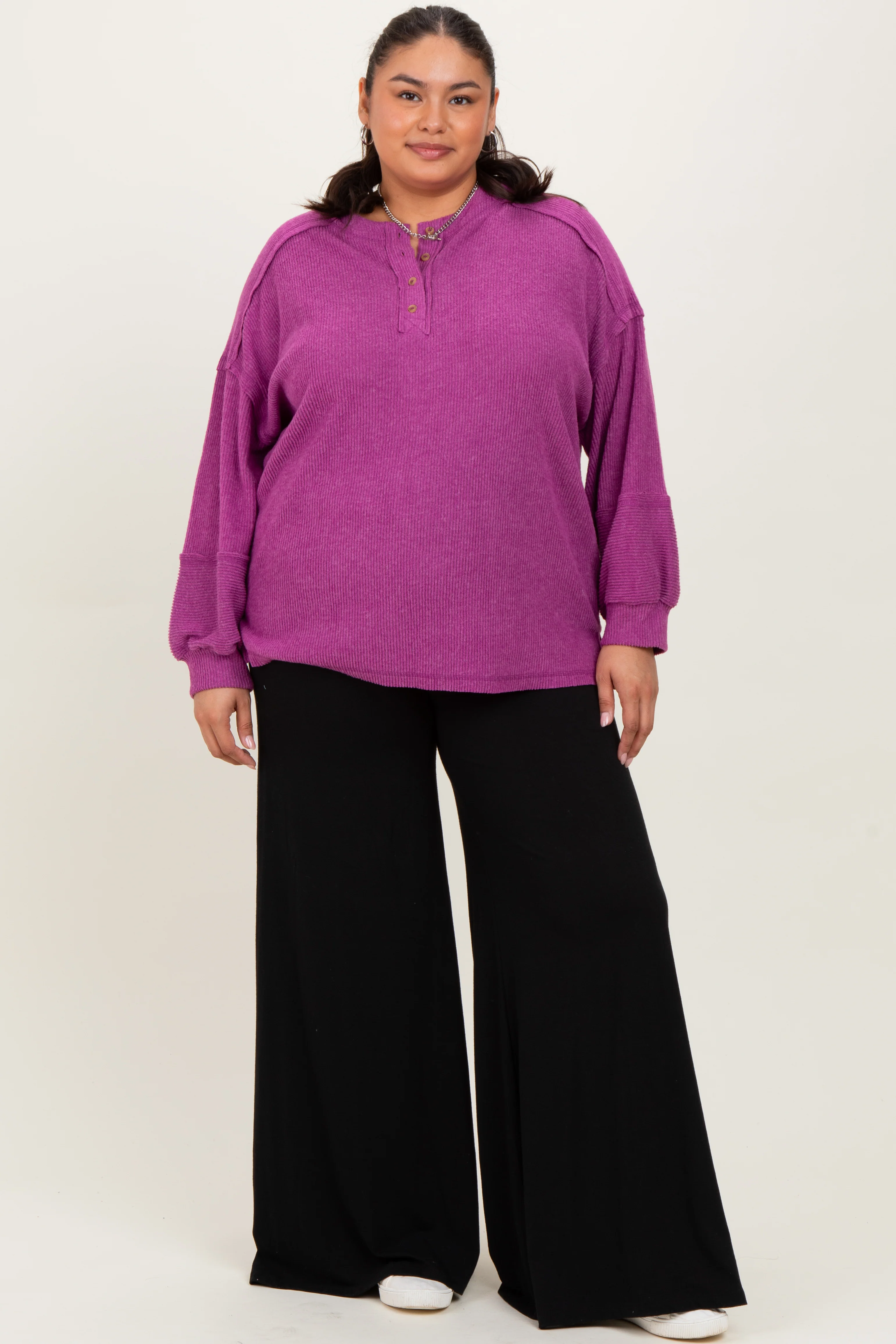 Plum Oversized Ribbed Knit Henley Maternity Plus Sweater - Image 4