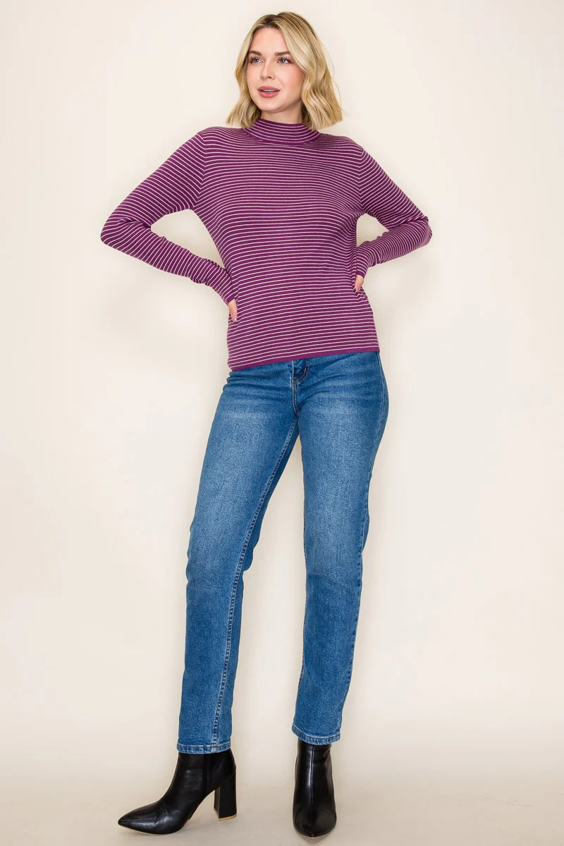 Plum Pinstriped Mock Neck Knit Top - Image 3