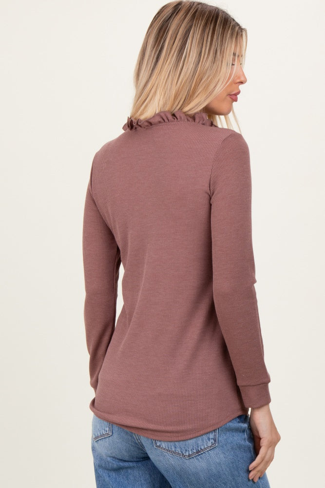 Plum Ruffle Collar Micro Waffle Knit Henley Top - Image 4