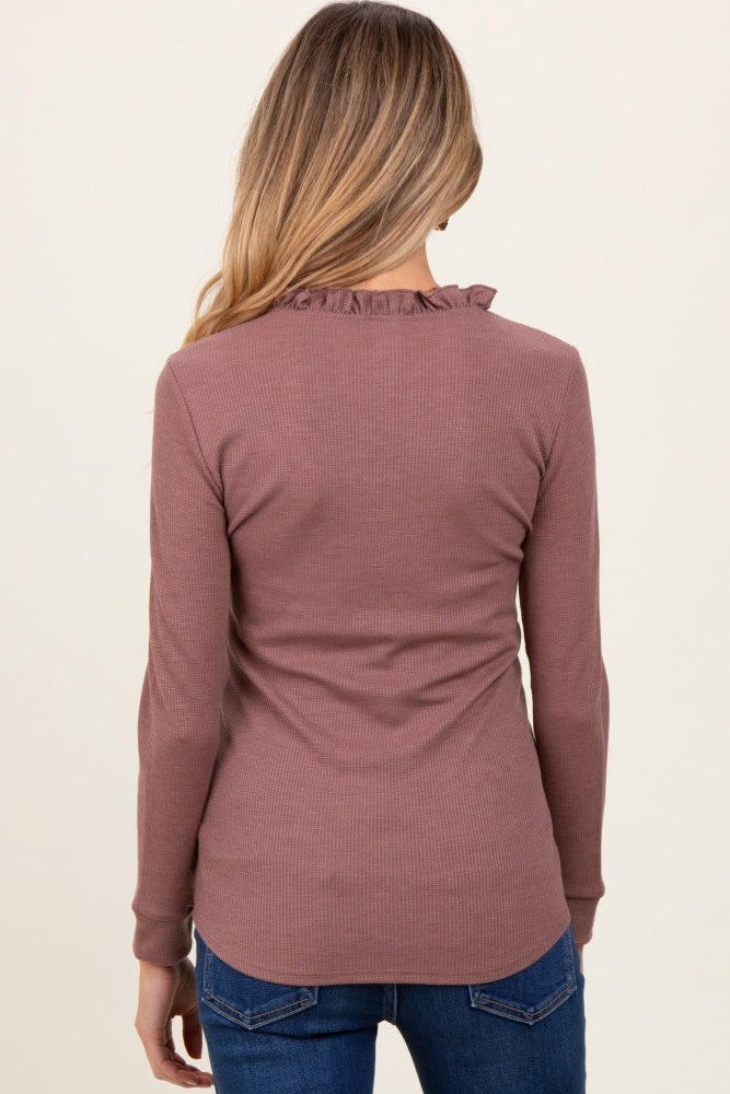 Plum Ruffle Collar Micro Waffle Knit Maternity Henley Top - Image 3