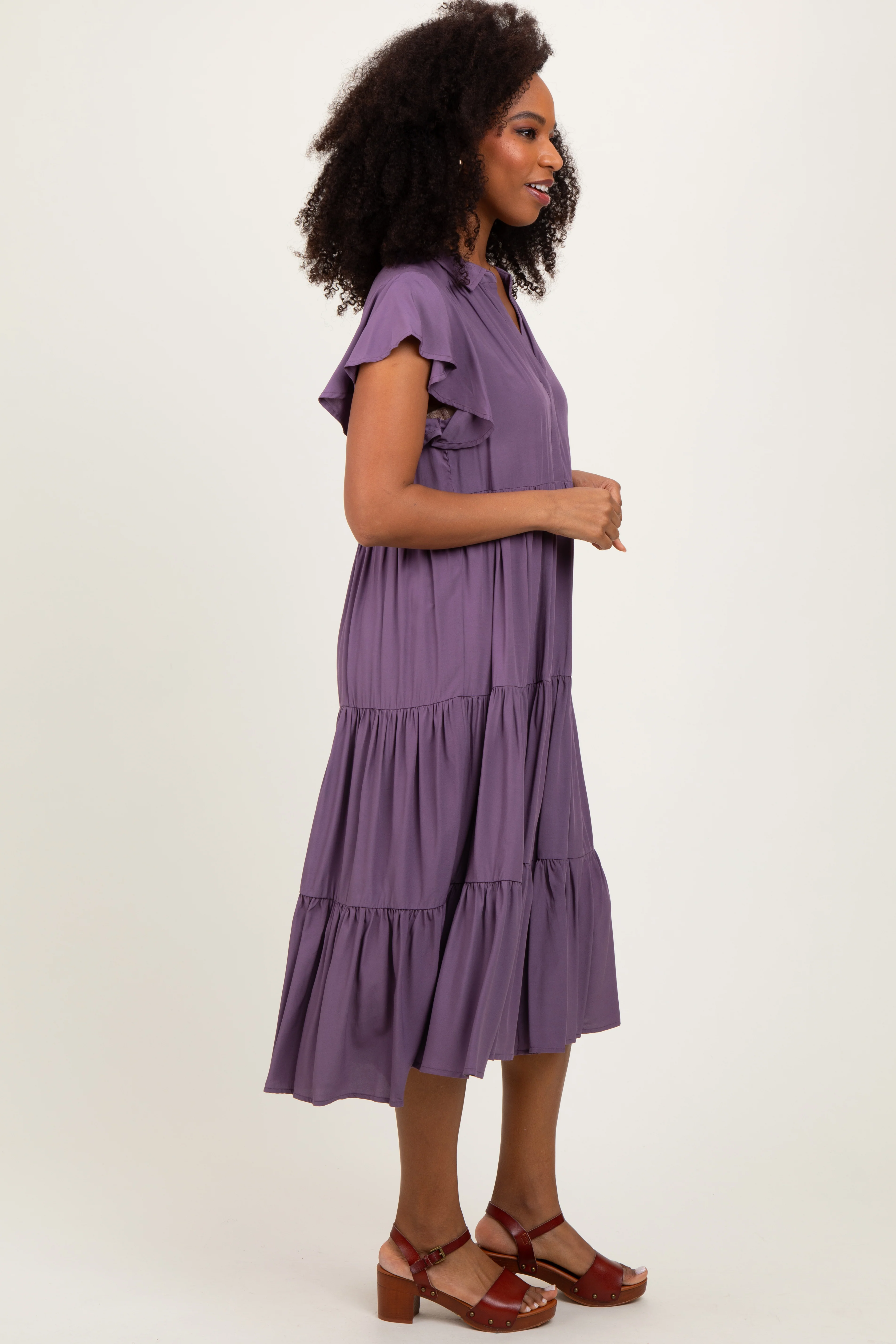 Plum Ruffle Sleeve V-Neck Tiered Midi Dress - Image 3