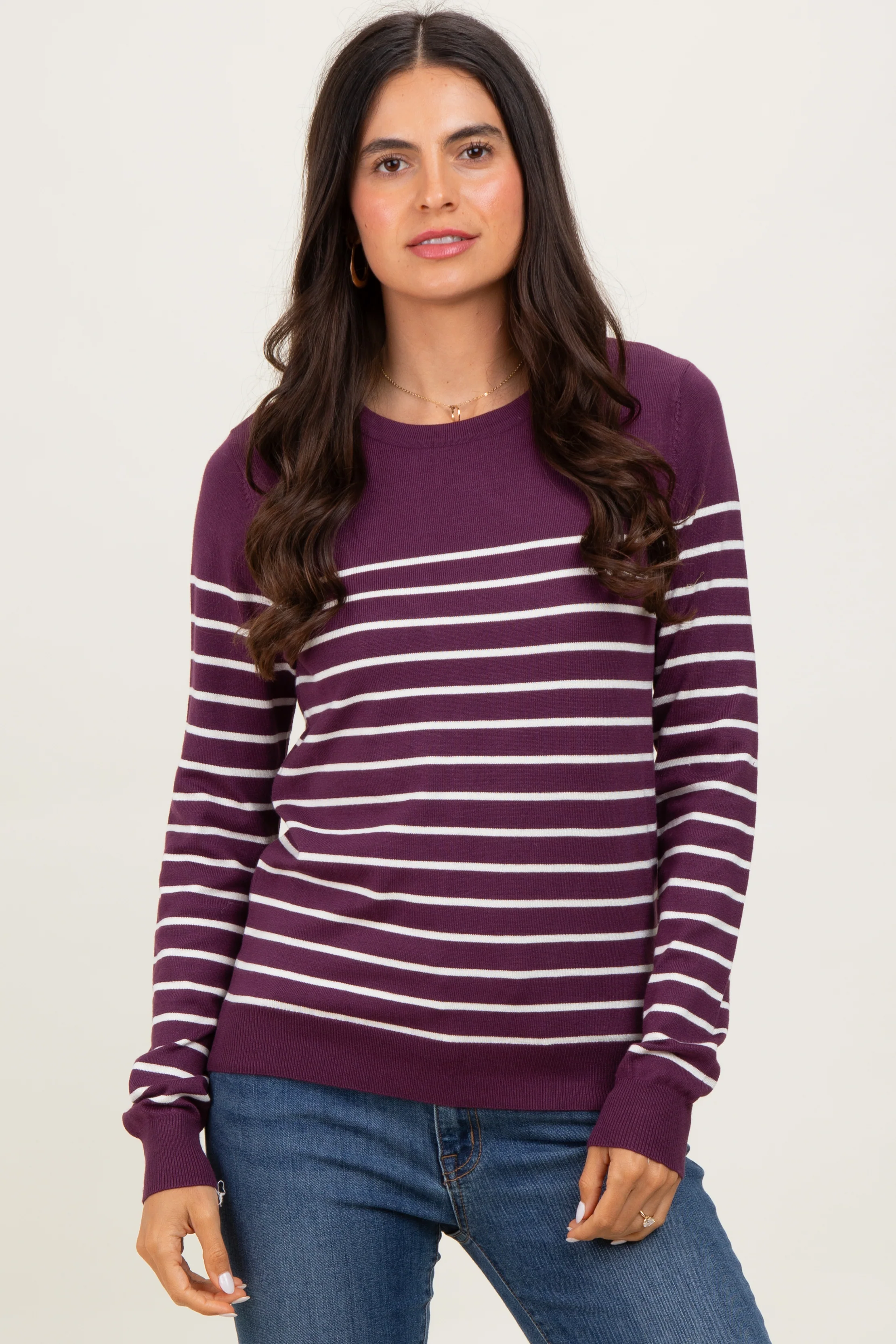 Plum Striped Knit Maternity Long Sleeve Top - Image 5