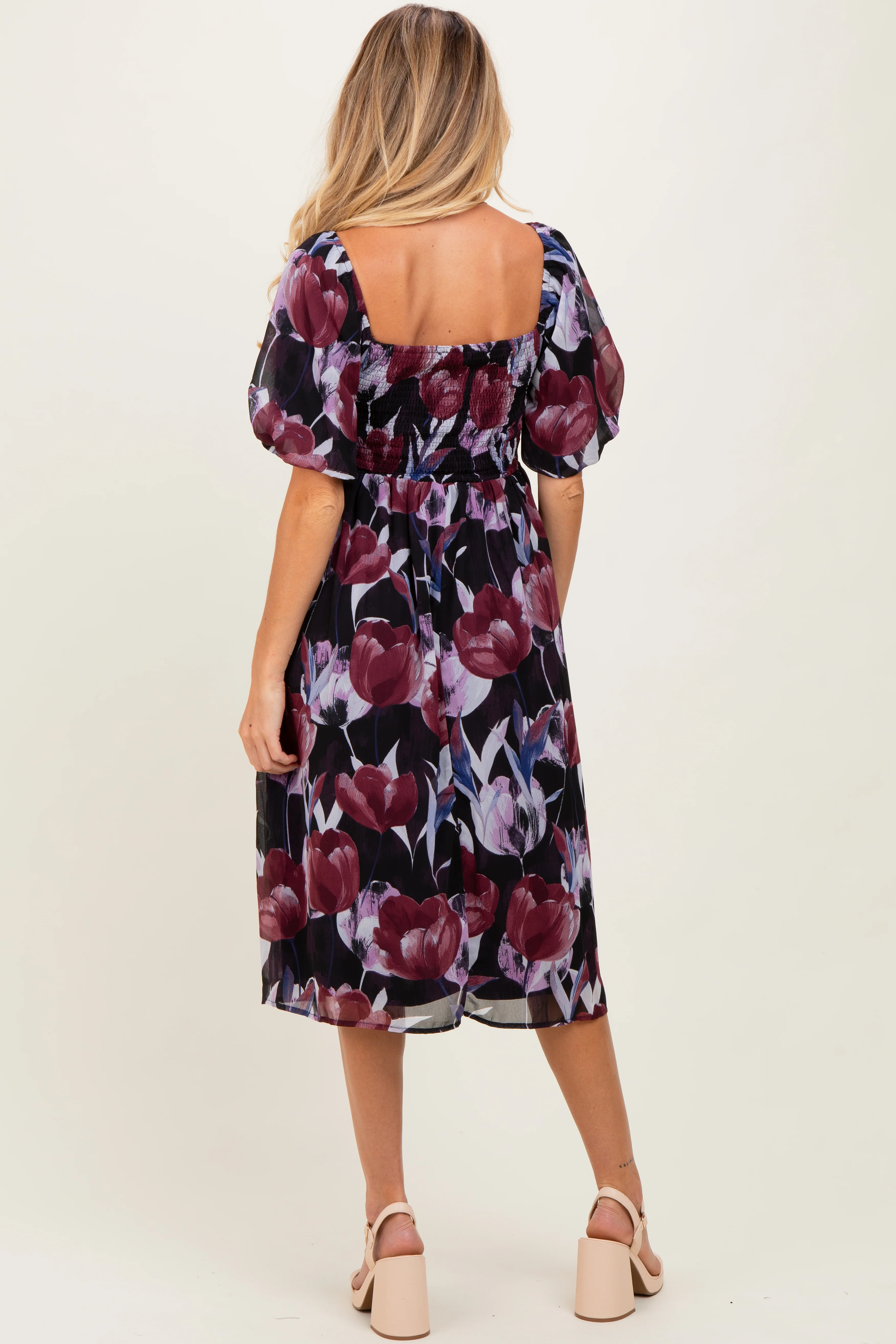 Plum Tulip Floral Smocked Puff Sleeve Maternity Midi Dress - Image 4