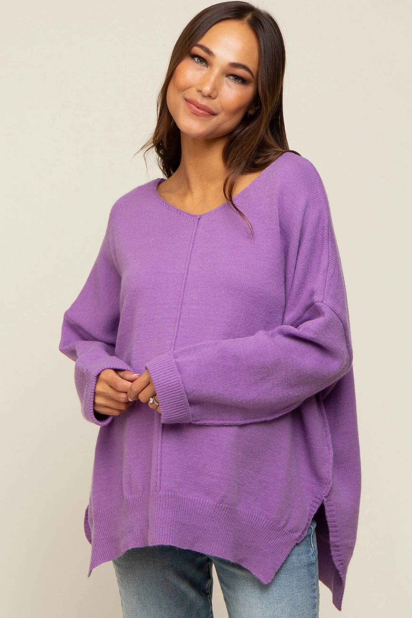 Purple Dolman Sleeve Side Slit Maternity Sweater - Image 2