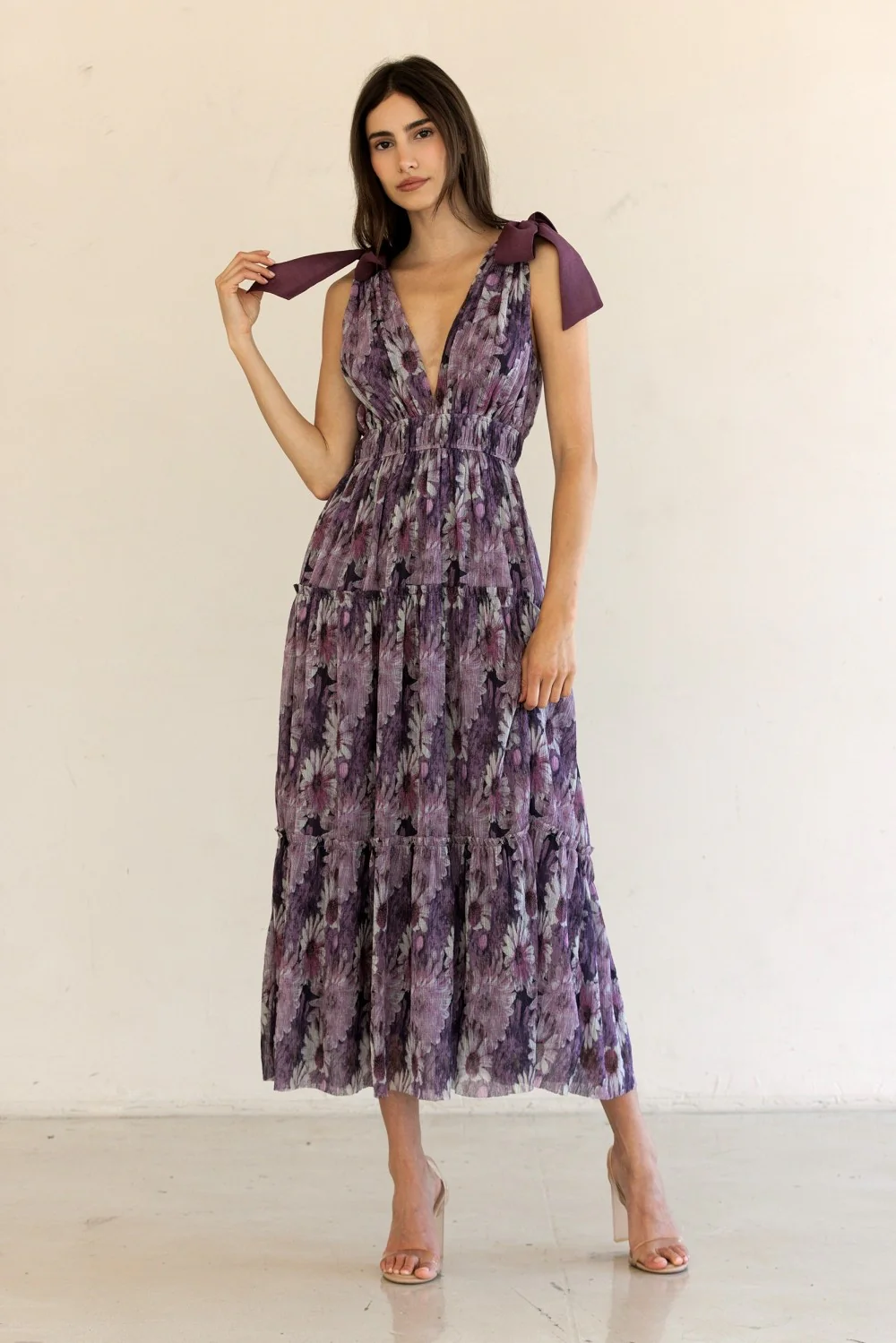 Purple Floral Mesh Deep V-Neck Shoulder Tie Maternity Maxi Dress - Image 4