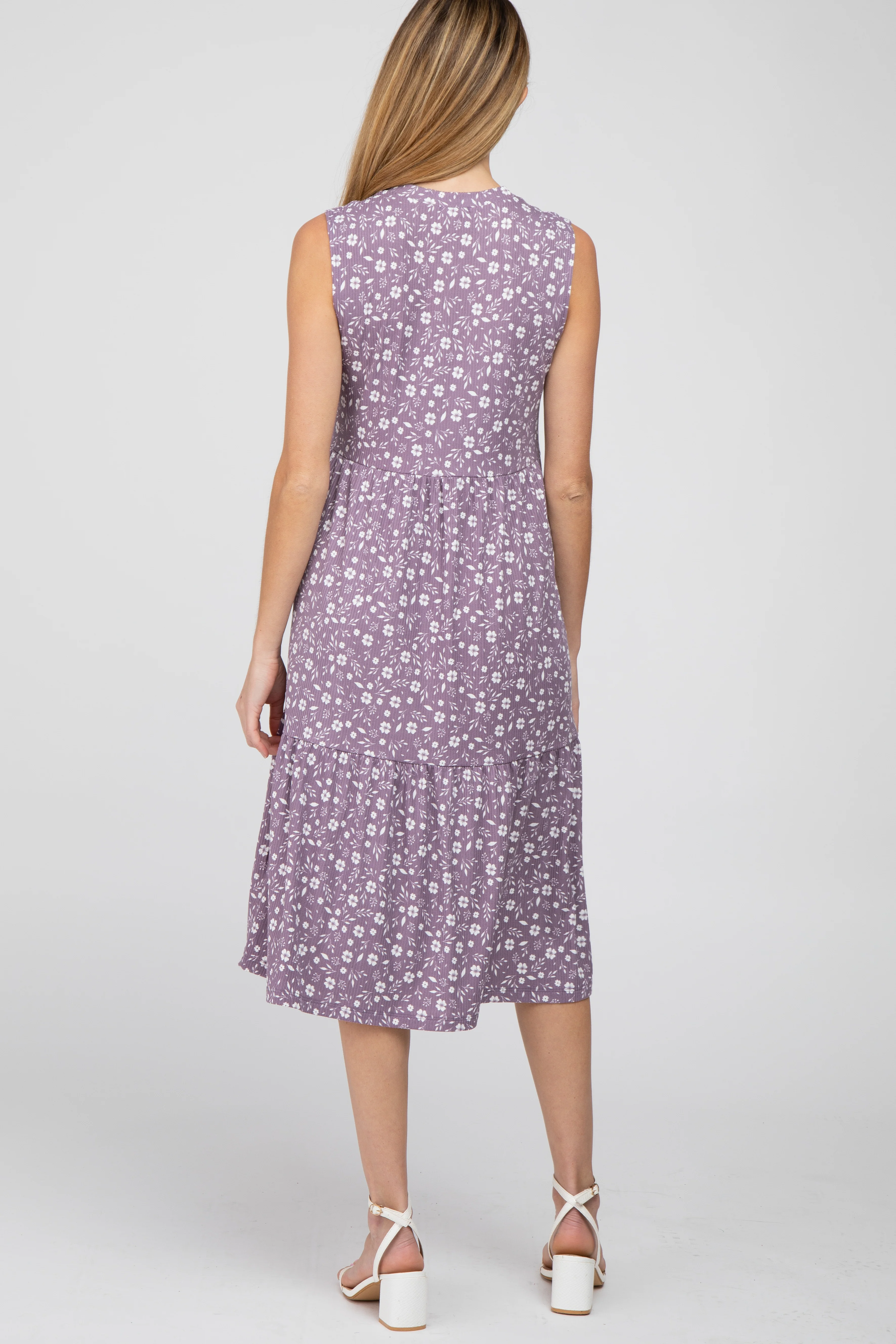 Purple Floral Ribbed Tiered Maternity Midi Dress - Image 3