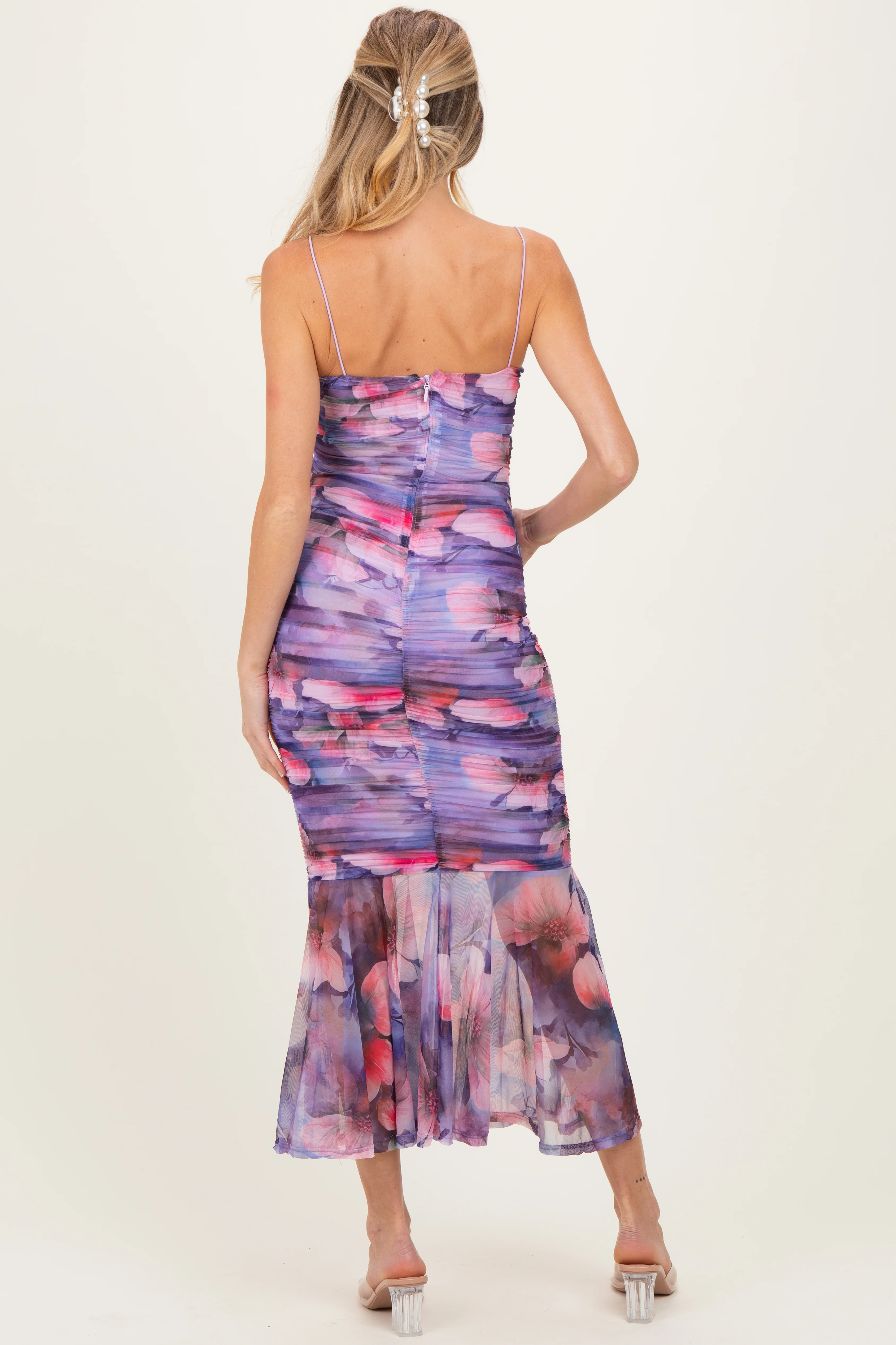 Purple Floral Ruched Fitted Maternity Midi Dress - Image 4
