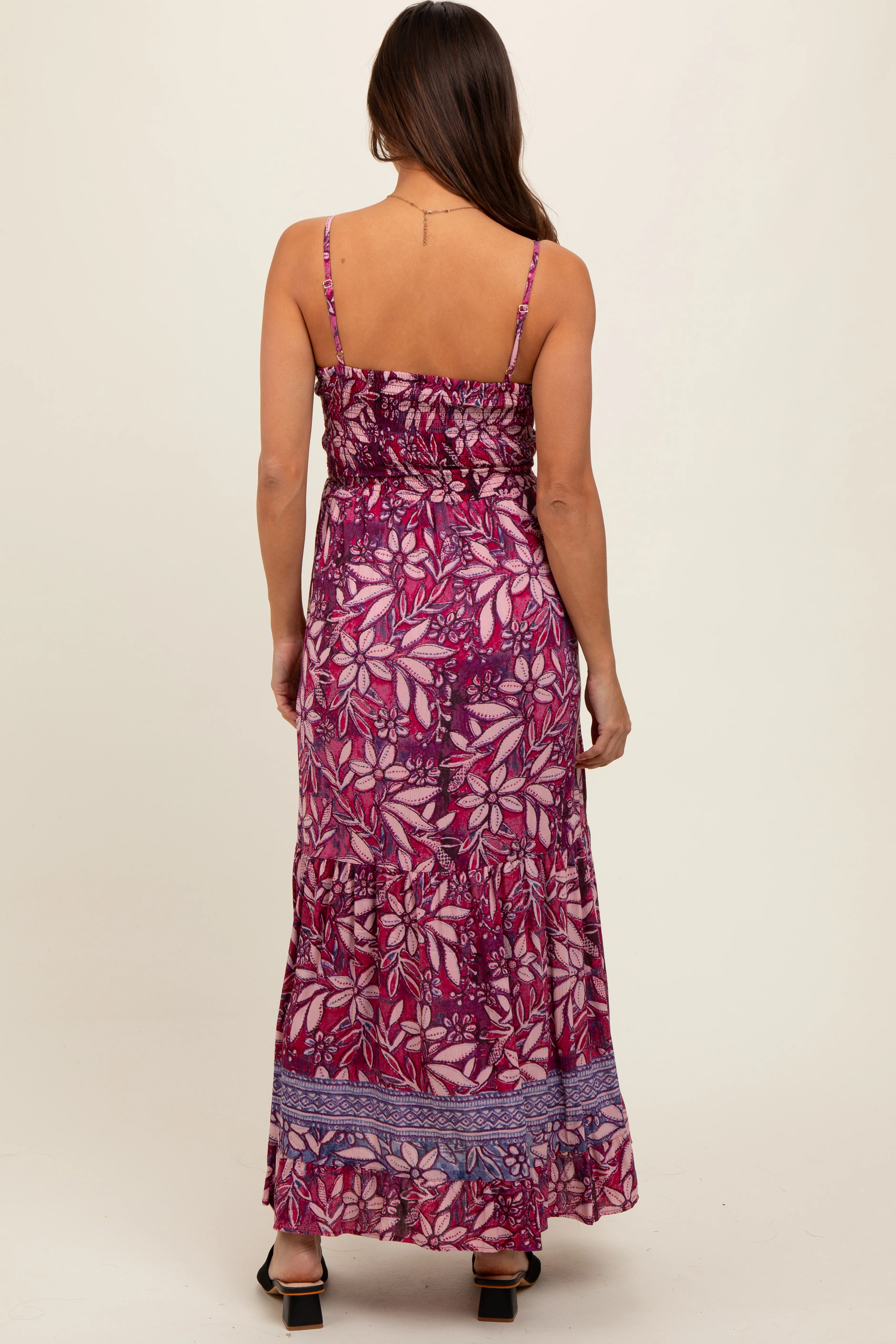 Purple Floral Strapless Front Tie Knot Maternity Maxi Dress - Image 3