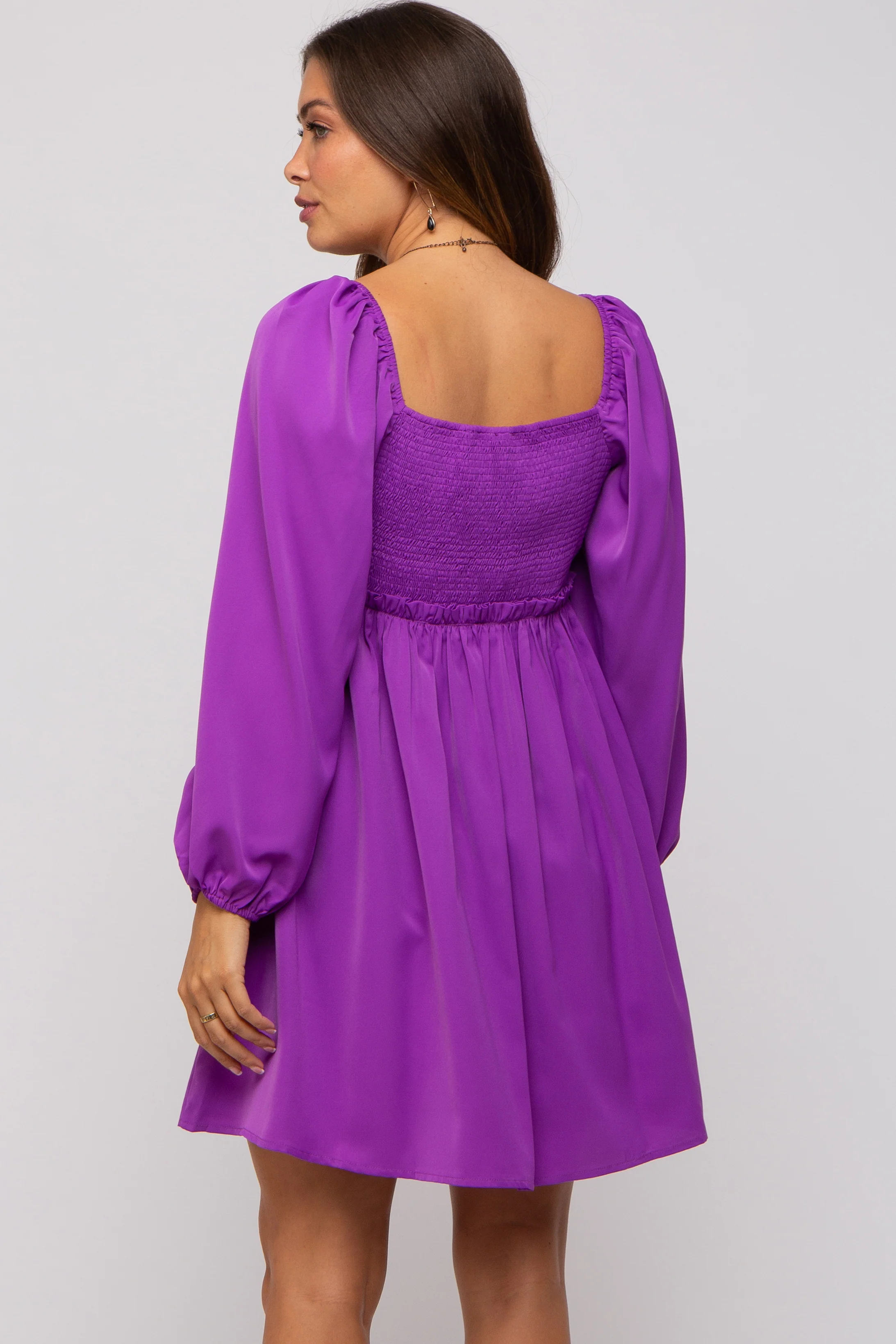 Purple Gathered Waist Long Sleeve Maternity Dress - Image 3