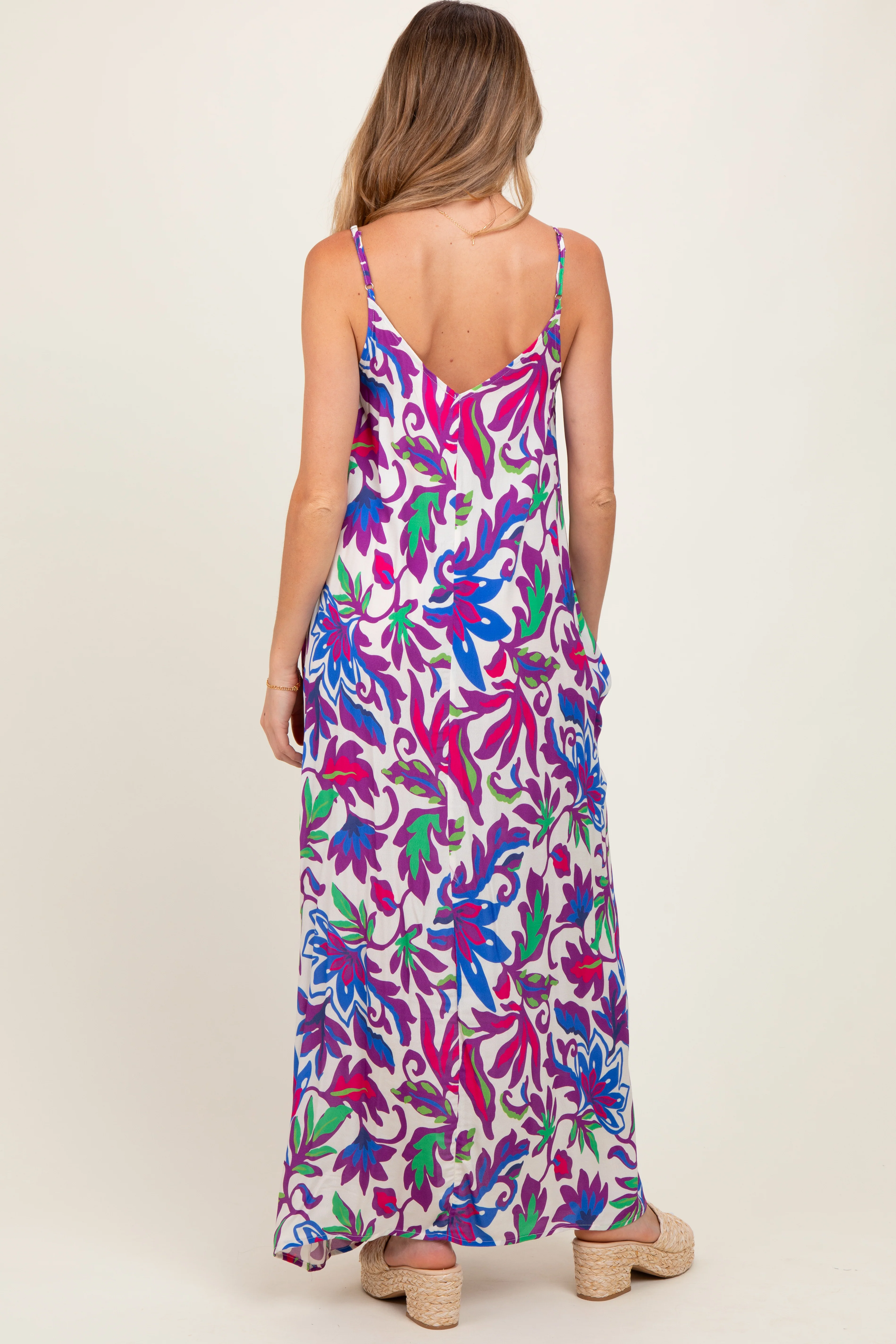 Purple Leaf Print Sleeveless Maternity Maxi Dress - Image 4