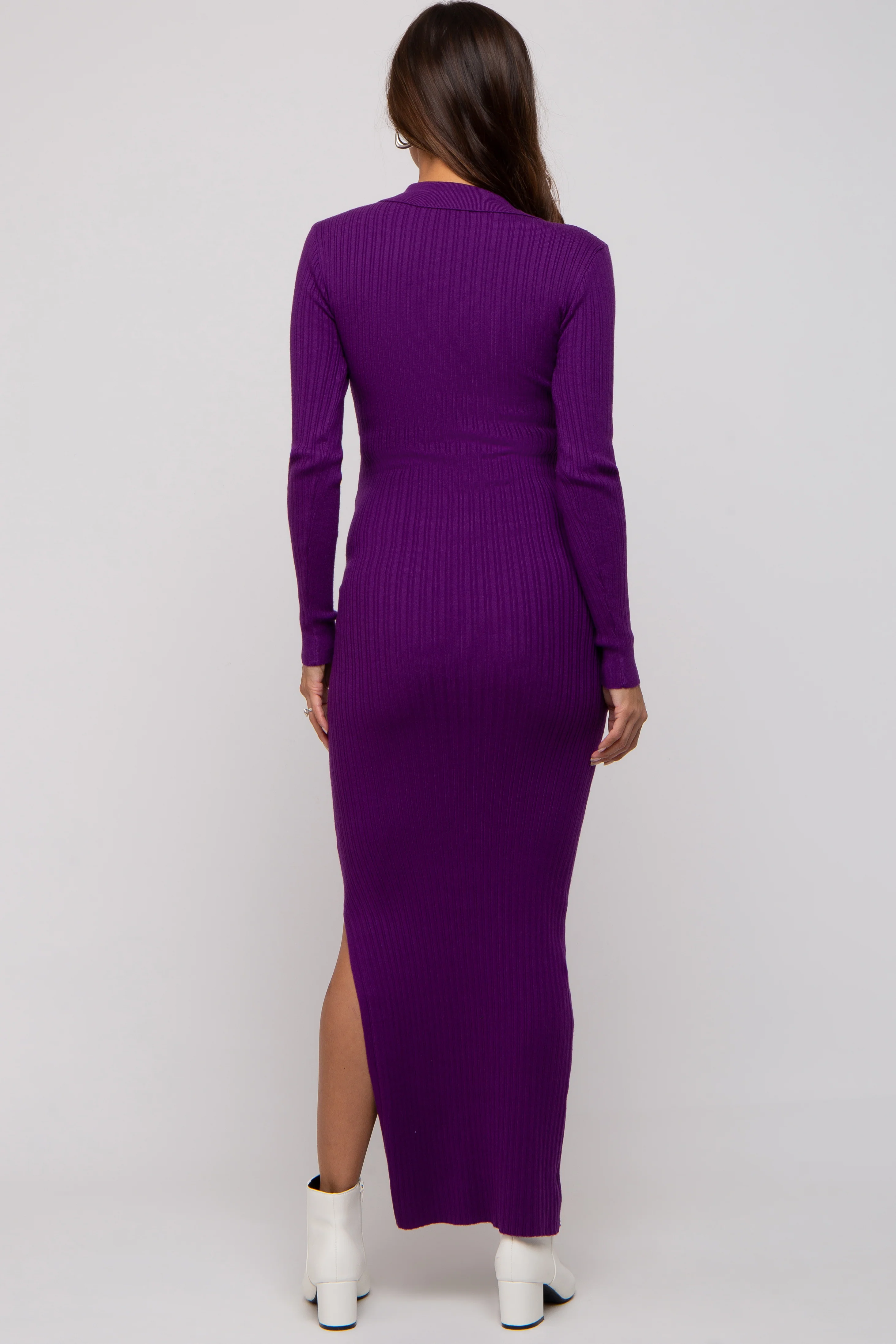 Purple Rib Knit Collared Maternity Maxi Dress - Image 3