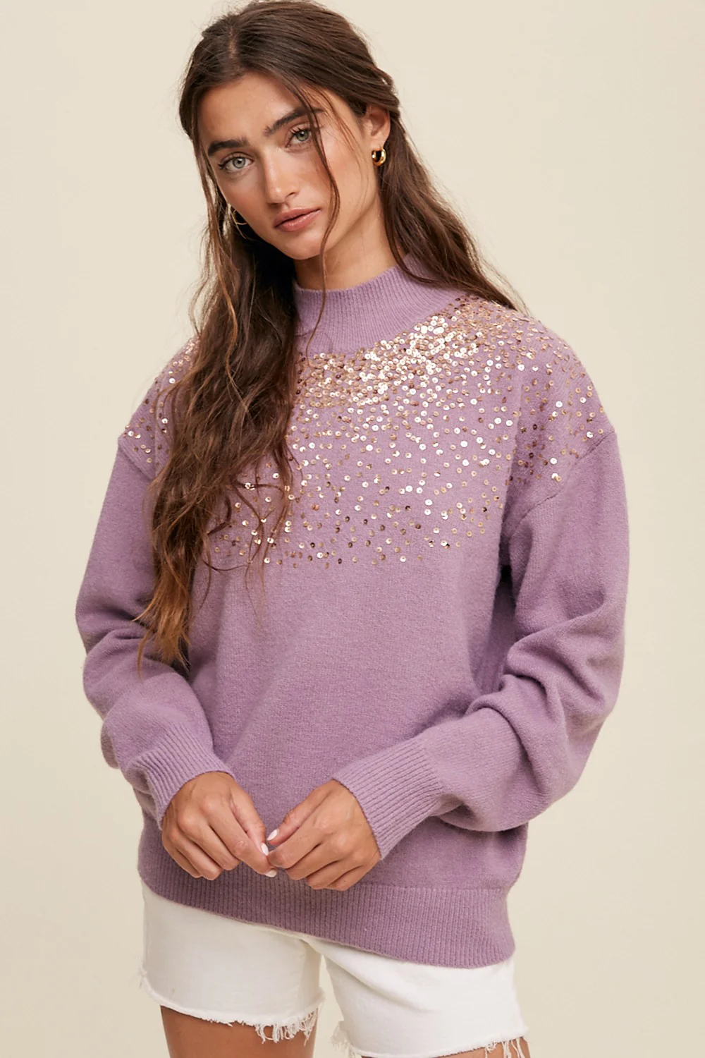 Purple Sequin Knit Mock Neck Sweater - Image 4