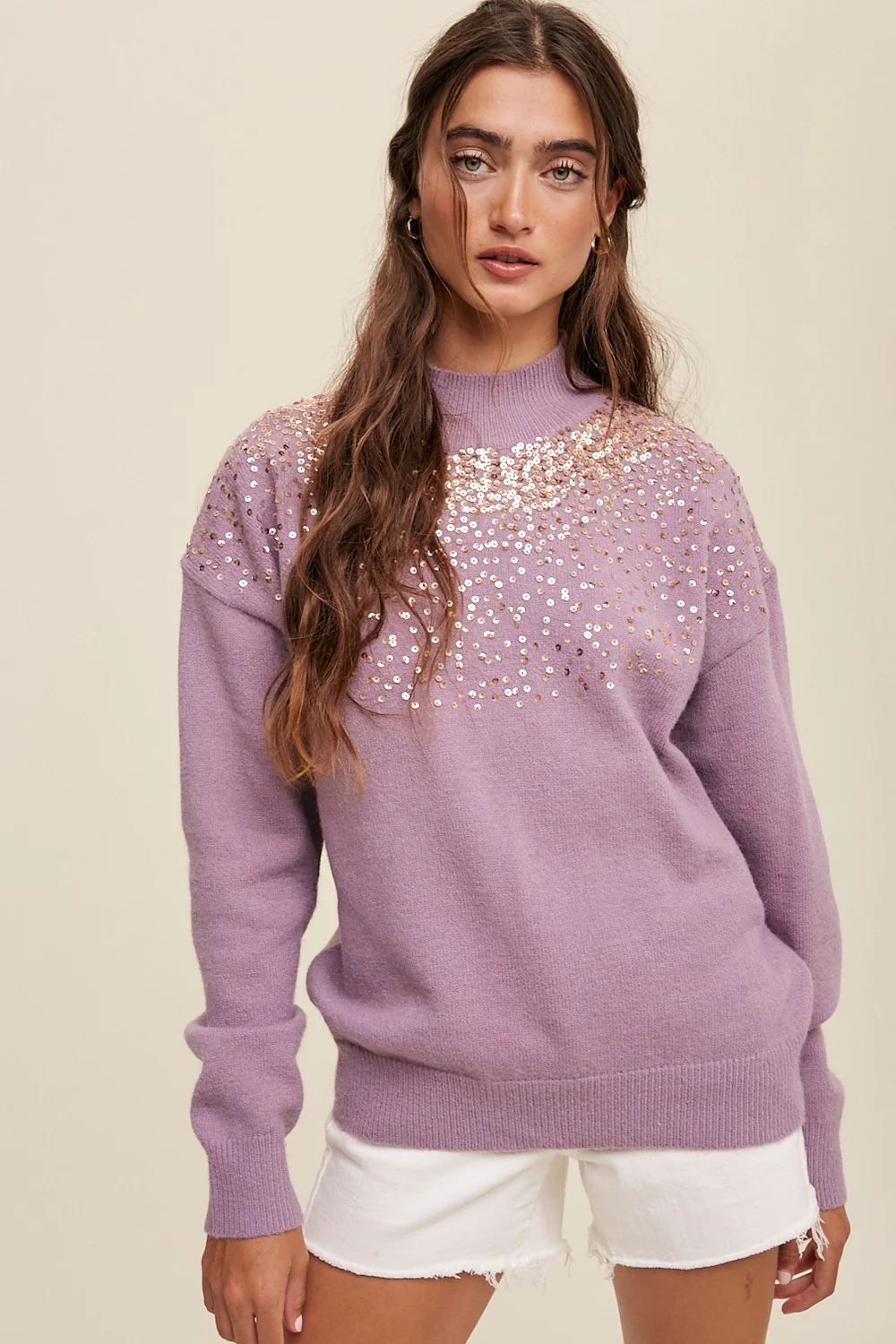 Purple Sequin Knit Mock Neck Sweater - Image 5
