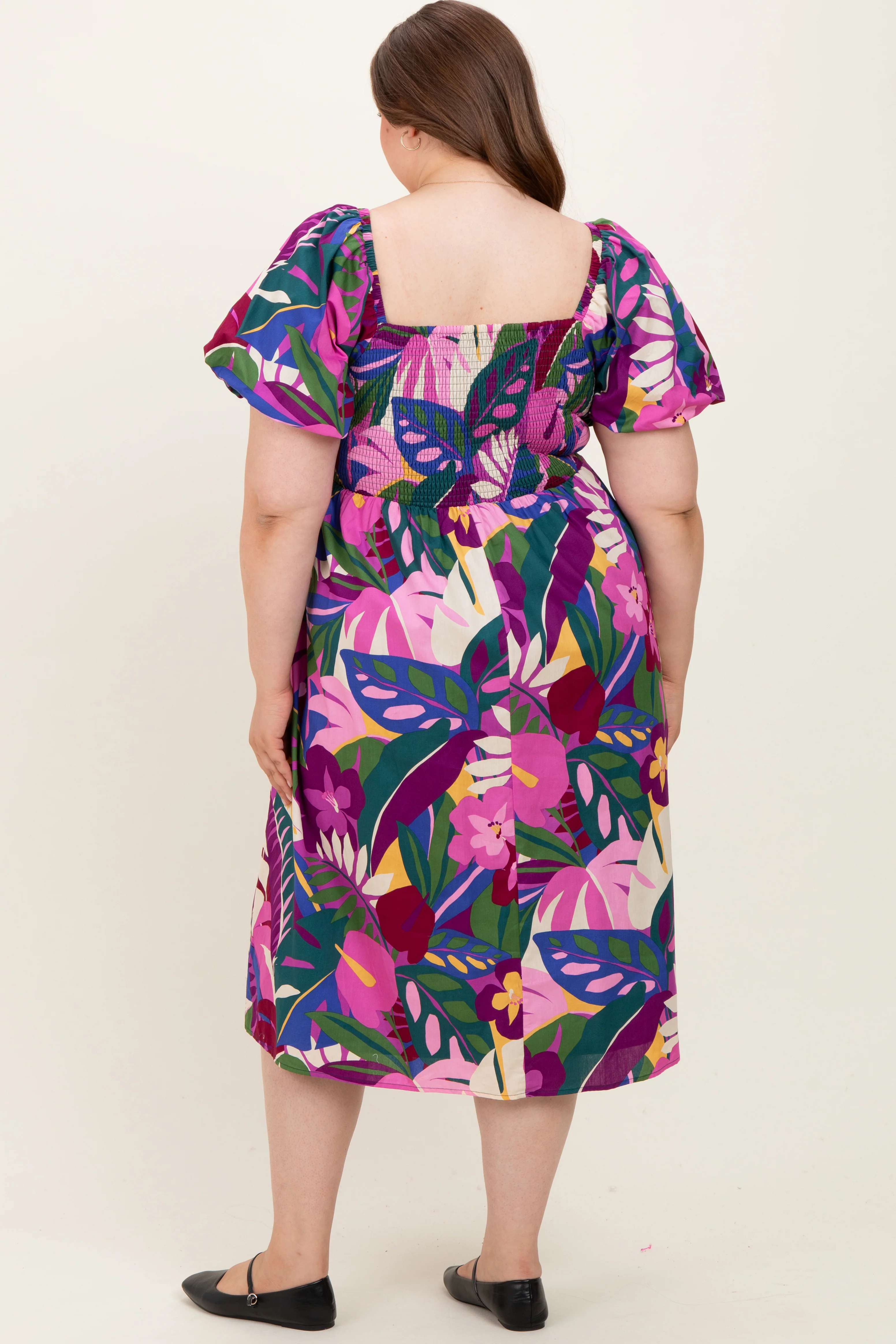 Purple Smocked Tropical Floral Maternity Plus Midi Dress - Image 3