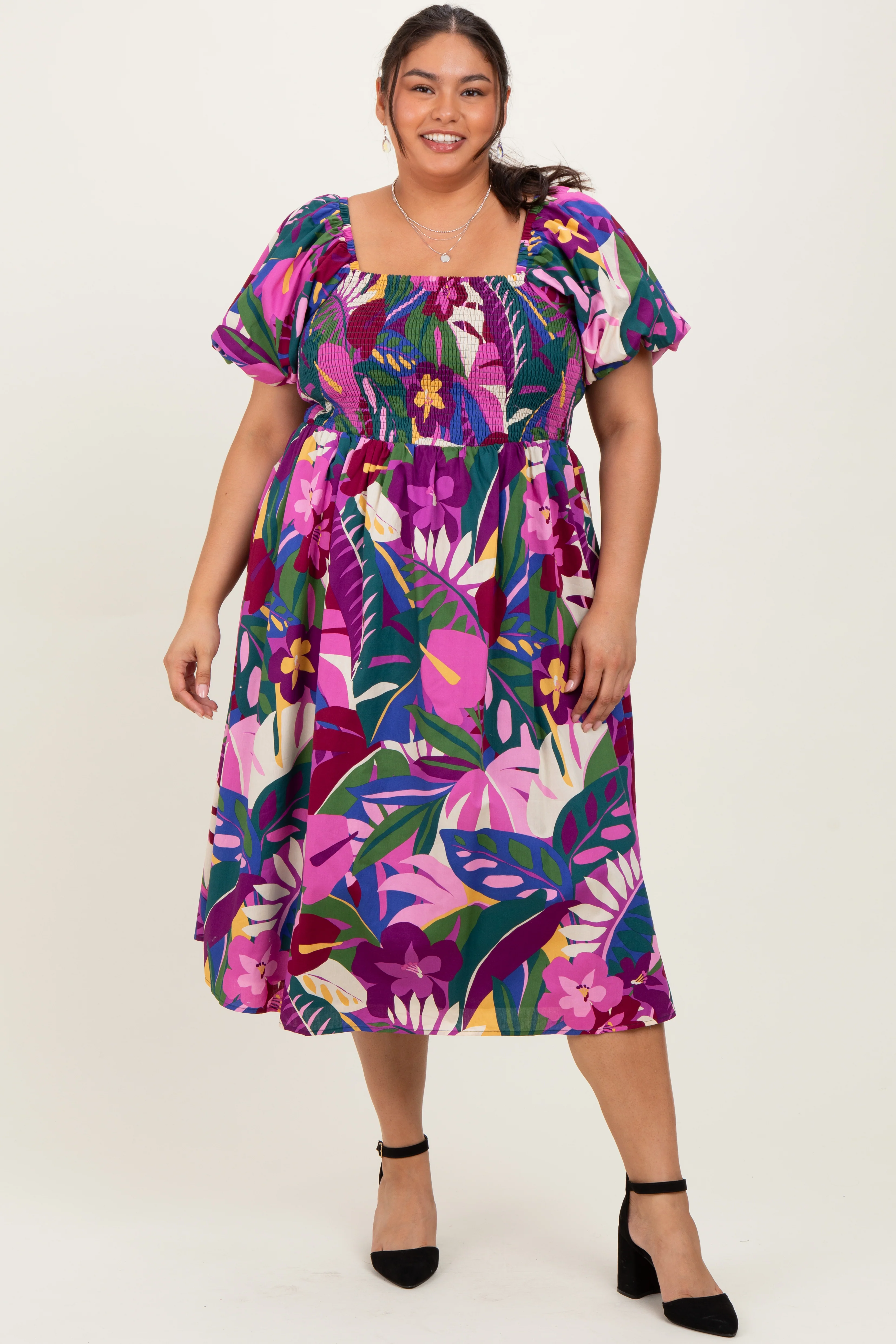 Purple Smocked Tropical Floral Maternity Plus Midi Dress - Image 4