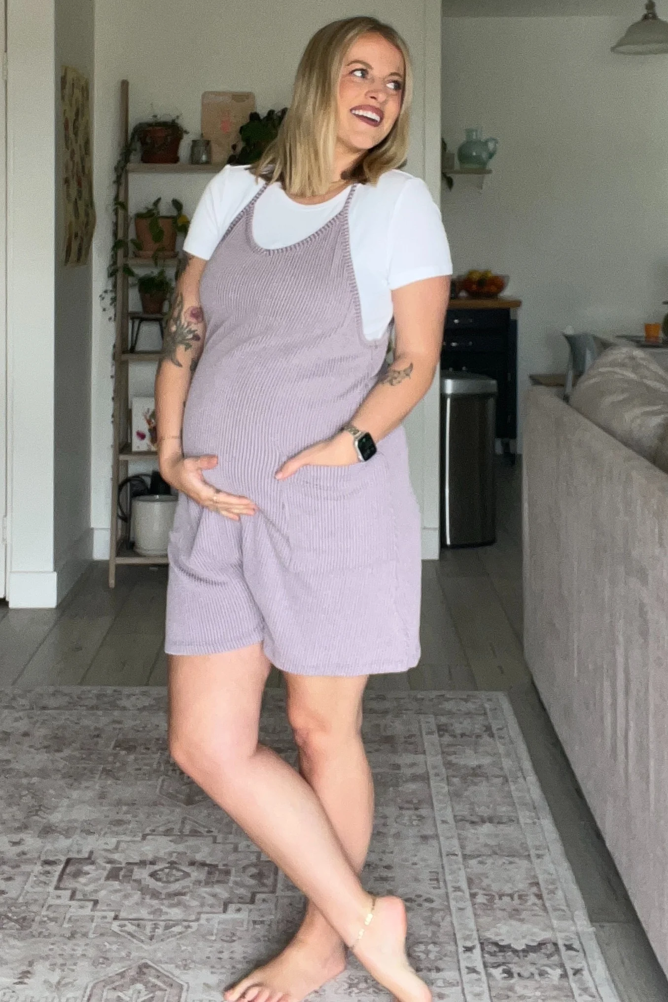 Purple Solid Ribbed V-Neck Sleeveless Front Pocket Maternity Romper - Image 5