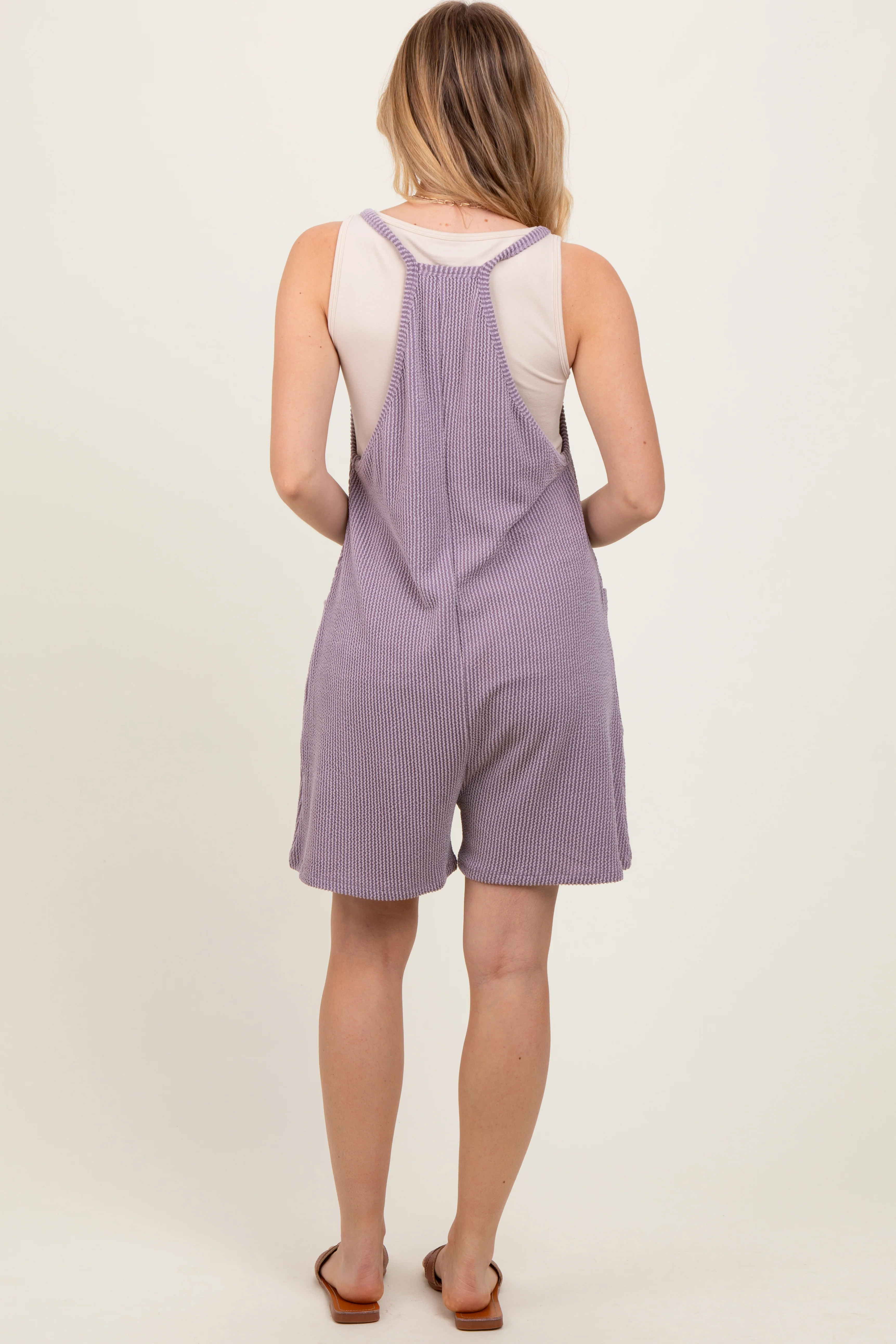 Purple Solid Ribbed V-Neck Sleeveless Front Pocket Romper - Image 4