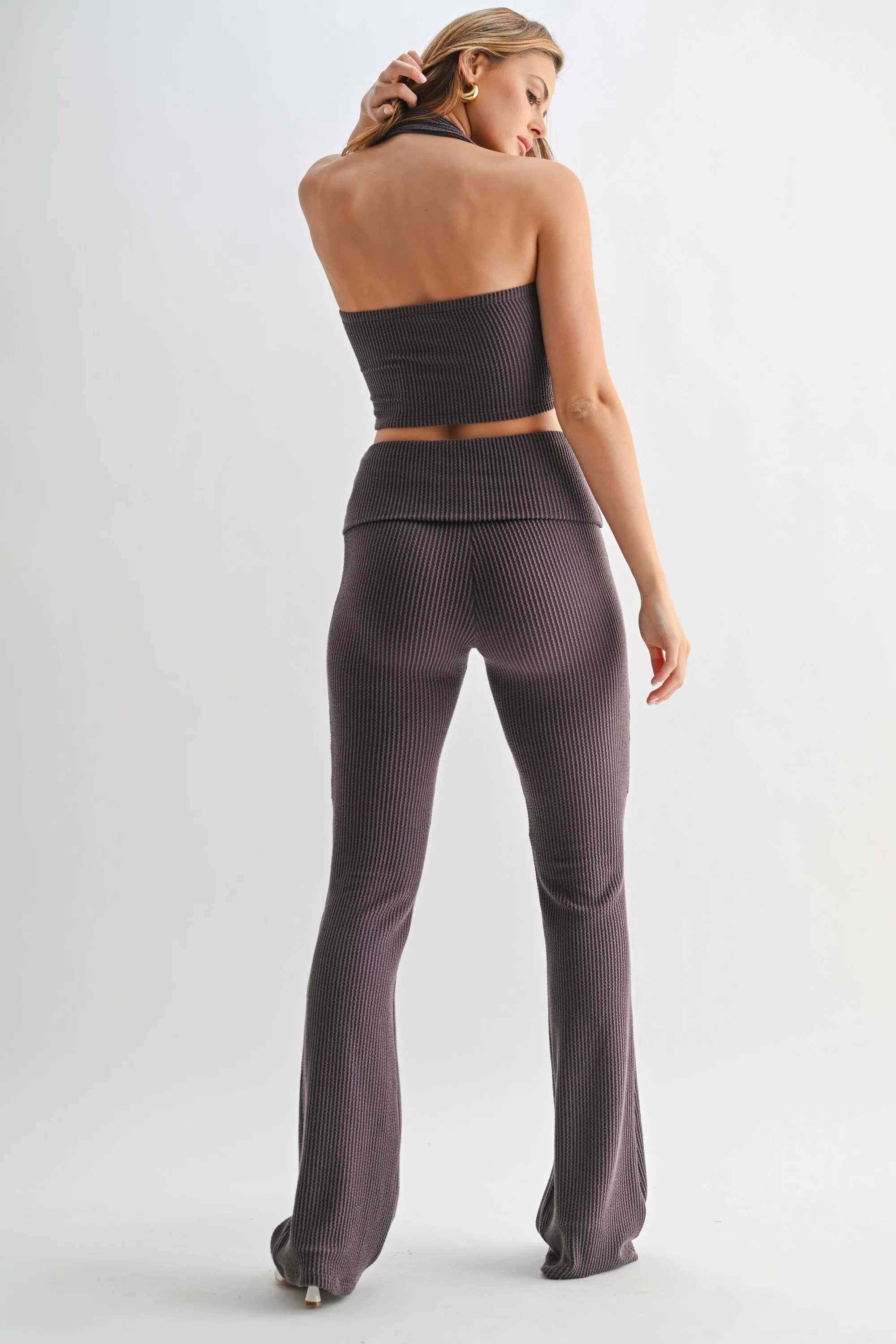 Purple Textured Rib Crop Tank Flare Leg Pant Set - Image 4