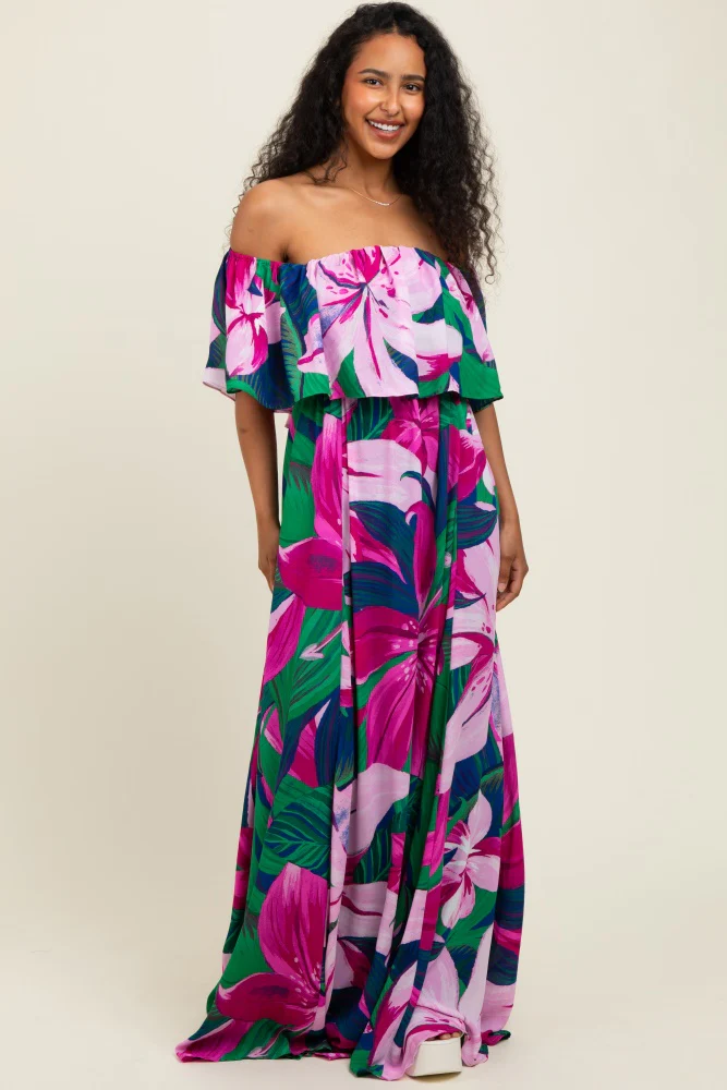 Purple Tropical Floral Off Shoulder Flounce Maxi Dress - Image 2