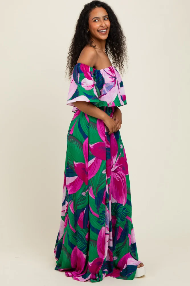 Purple Tropical Floral Off Shoulder Flounce Maxi Dress - Image 3