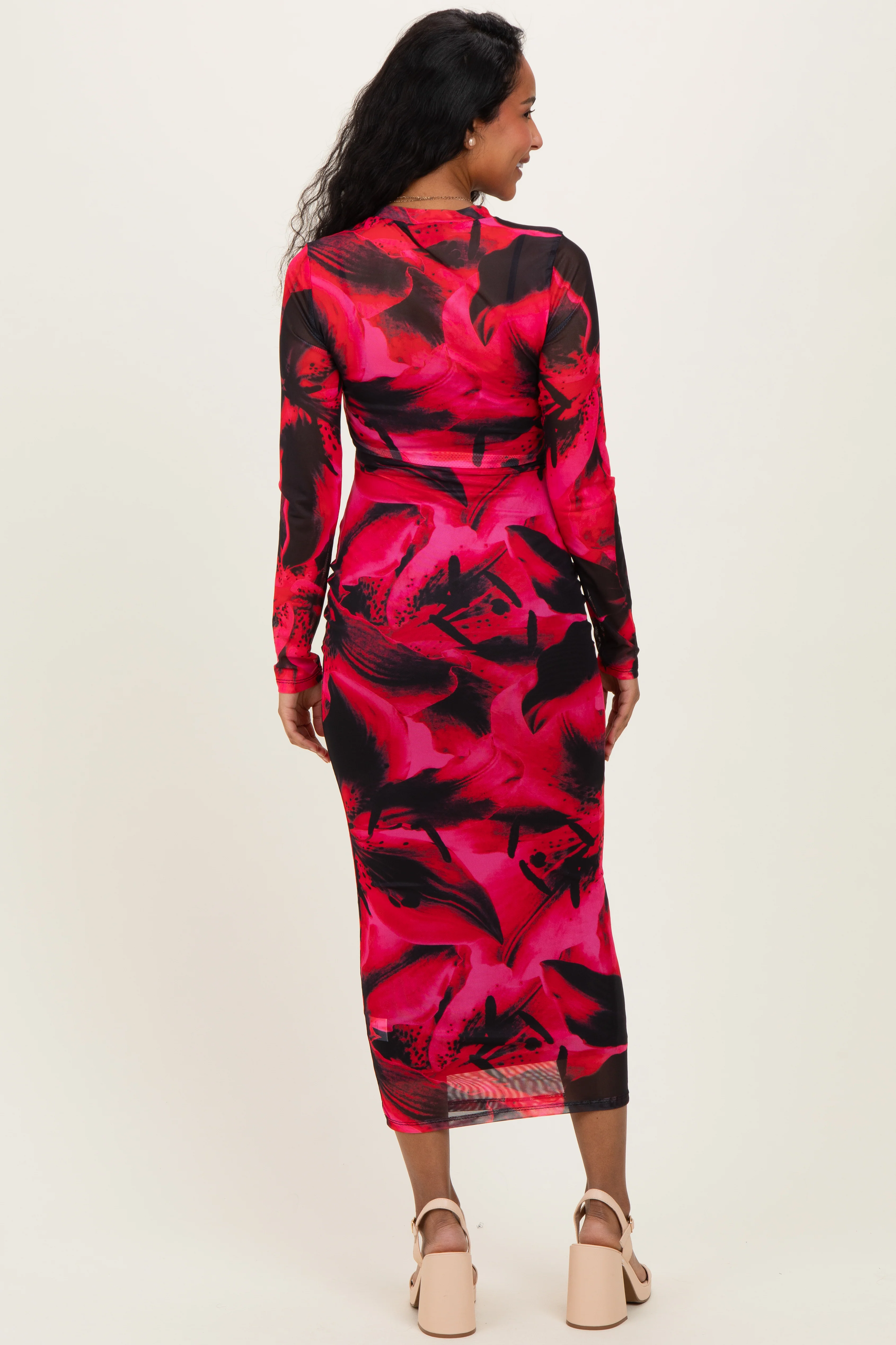 Red Abstract Print Mesh Overlay Maternity Maxi Dress - Image 4