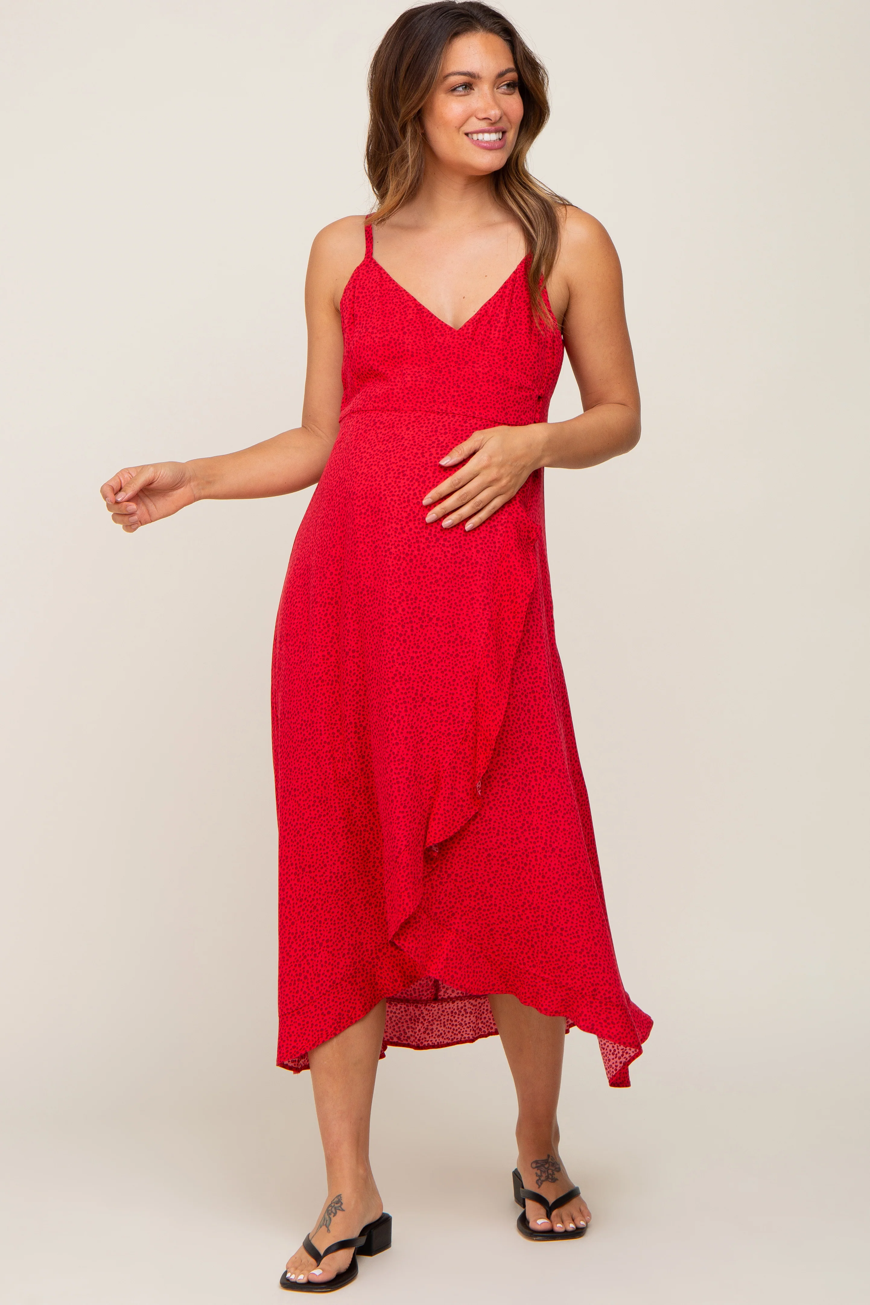 Red Animal Print Wrap Maternity Midi Dress - Image 4