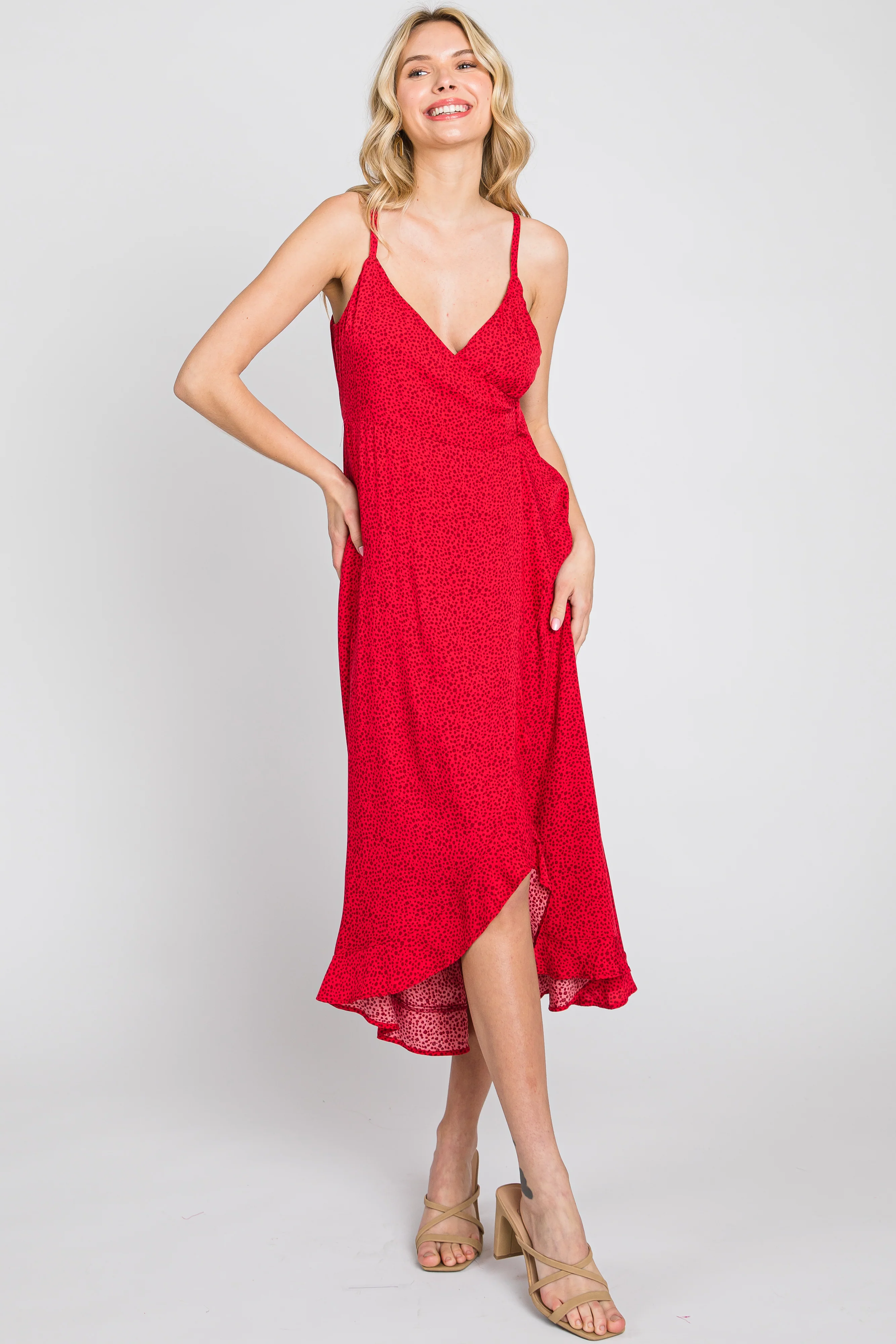 Red Animal Print Wrap Maternity Midi Dress - Image 5