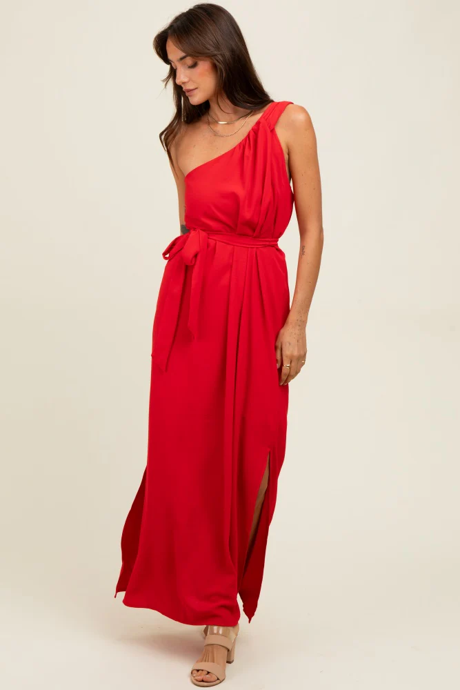 Red Asymmetrical Maternity Maxi Dress - Image 3
