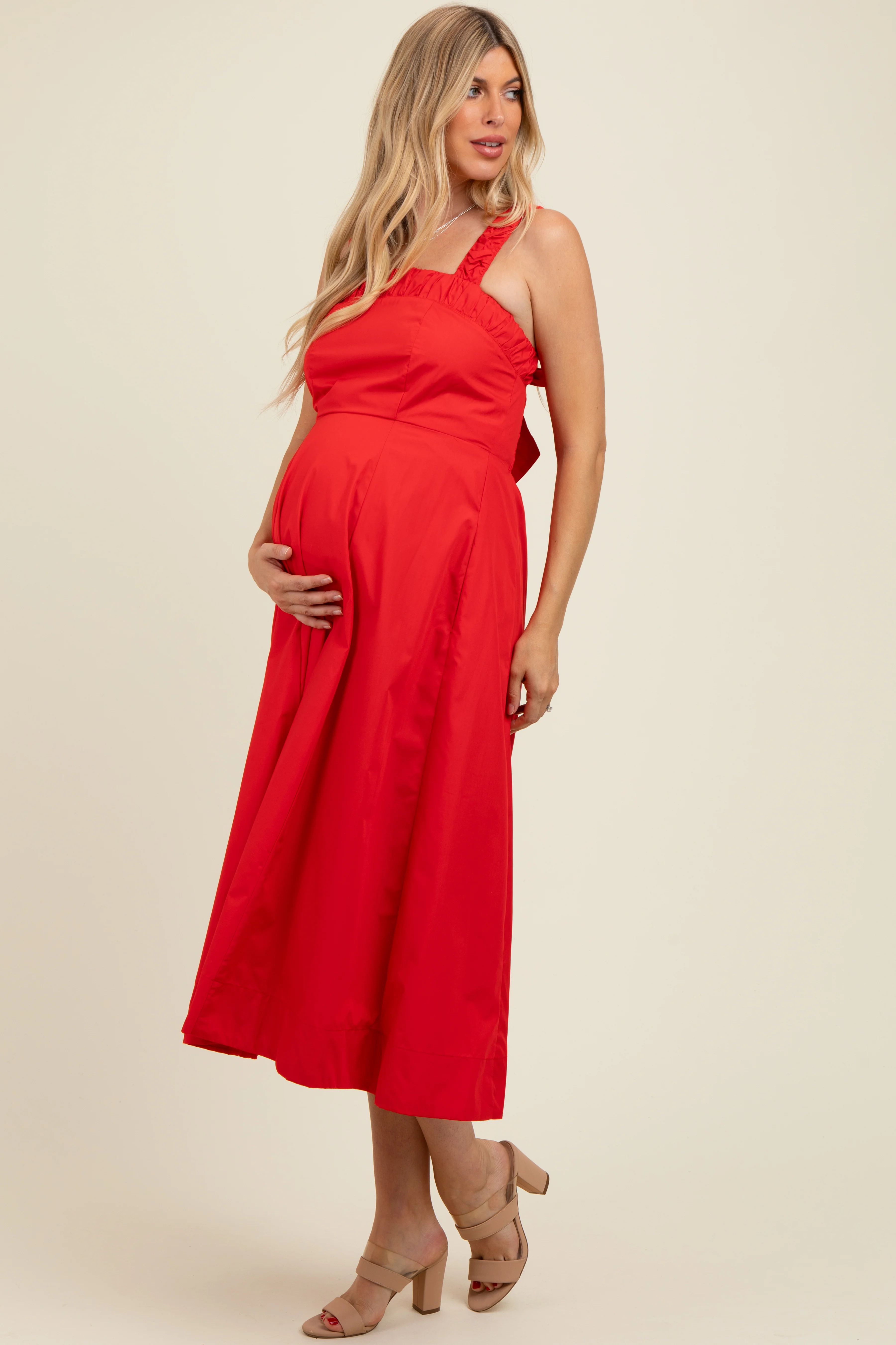 Red Back Bow Tie Detail Sleeveless Maternity Midi Dress - Image 2
