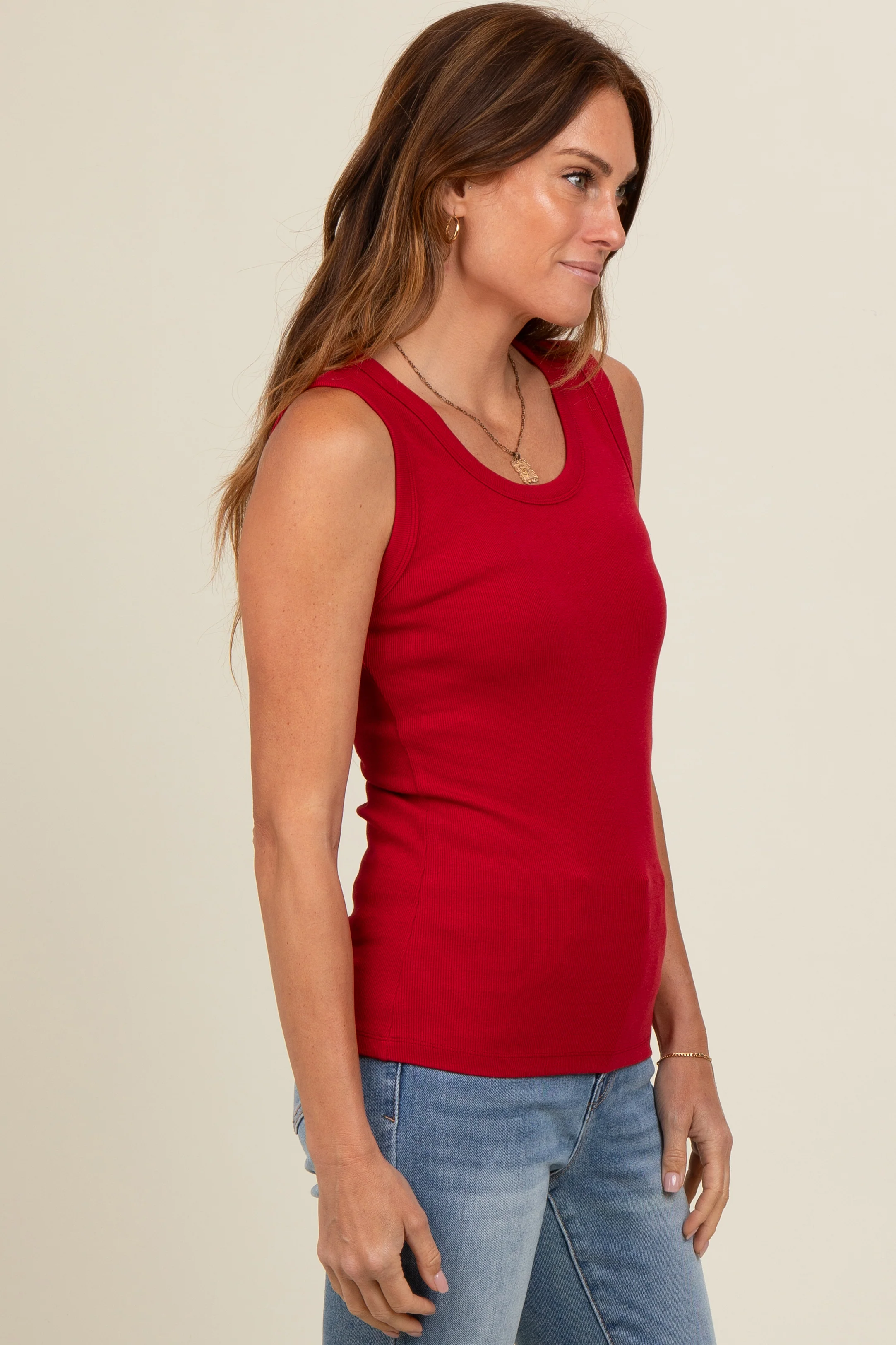 Red Basic Ribbed Knit Tank - Image 3