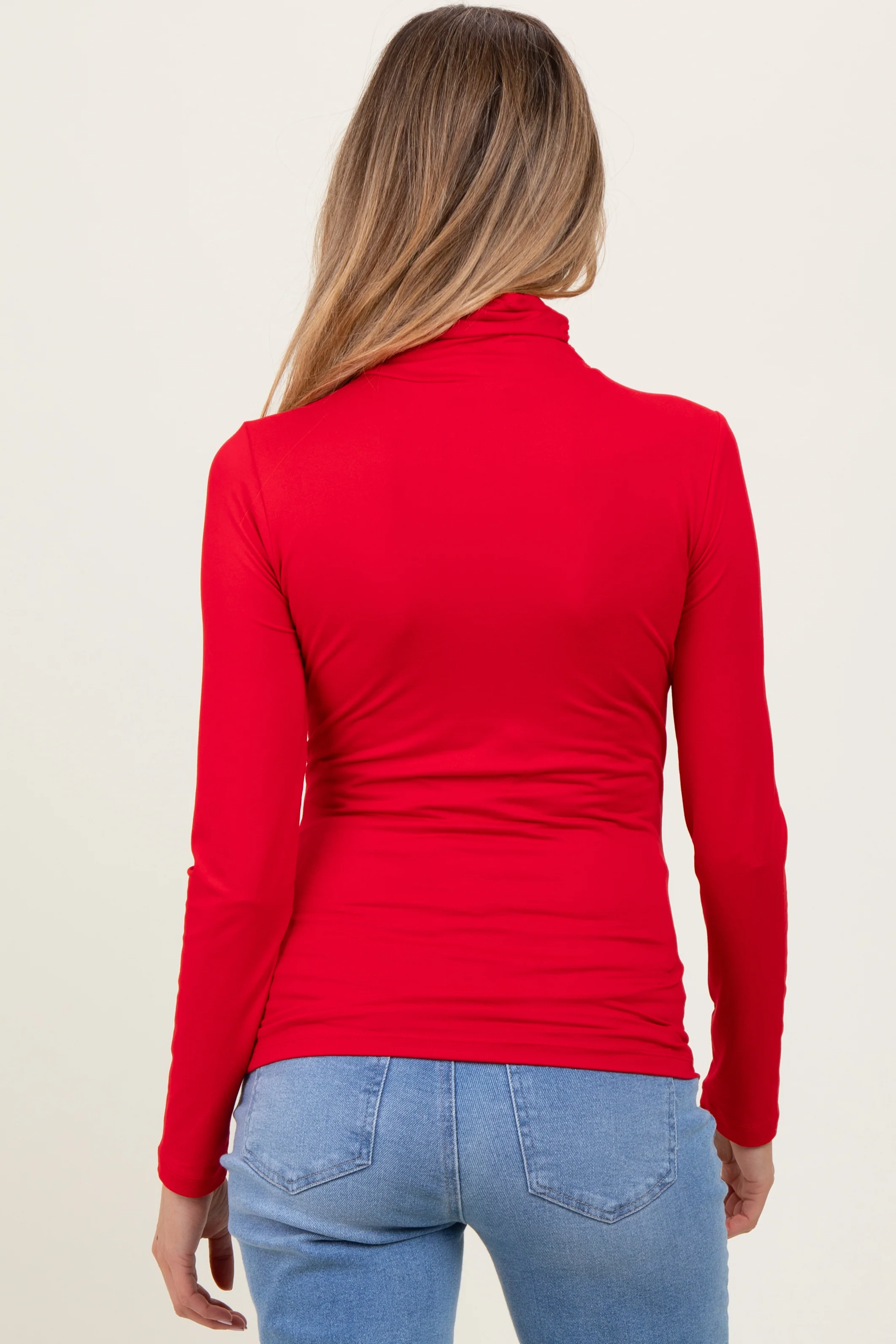 Red Brushed Knit Basic Turtleneck Maternity Top - Image 3