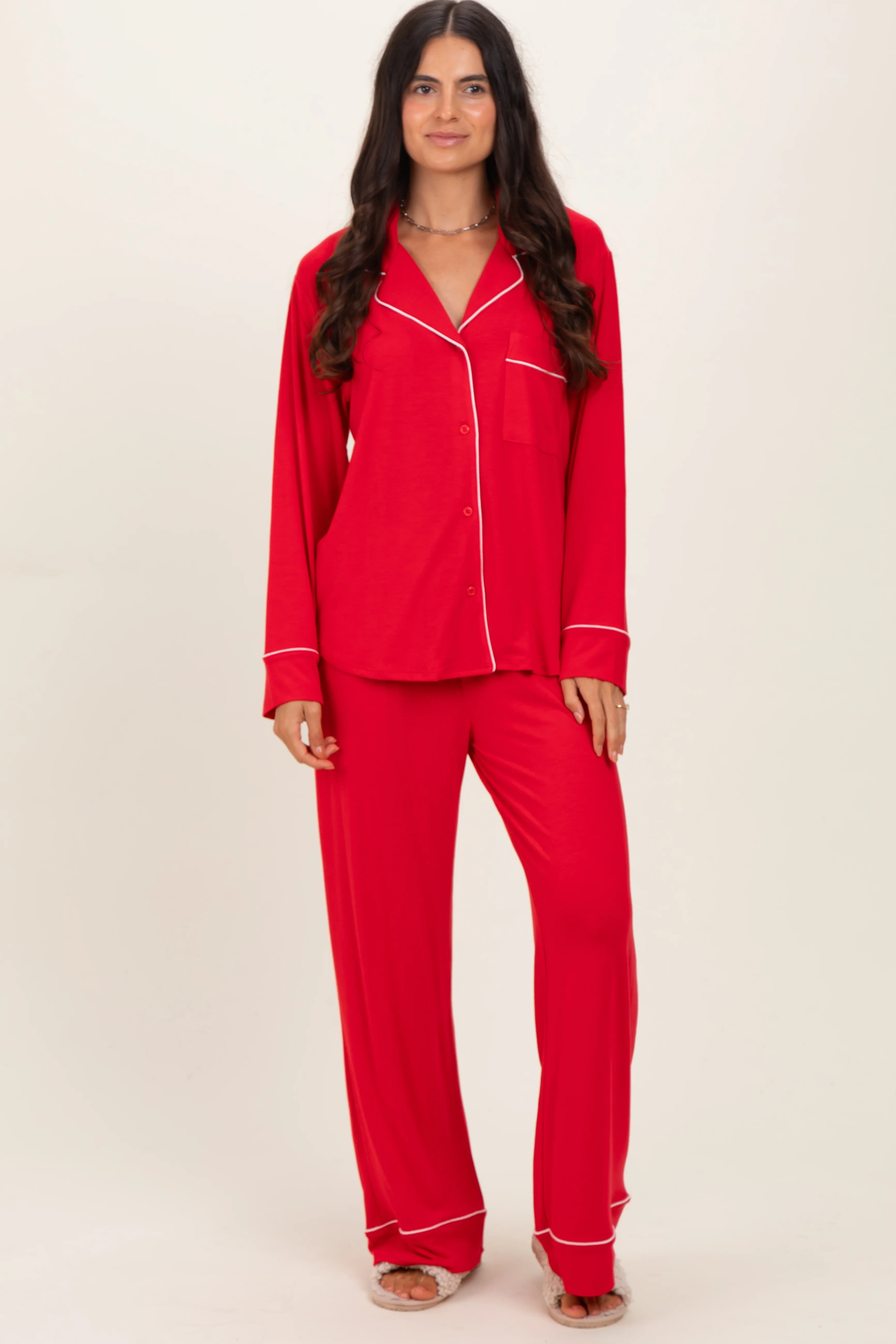 Red Button Down Top Wide Leg Pant Pajama Set