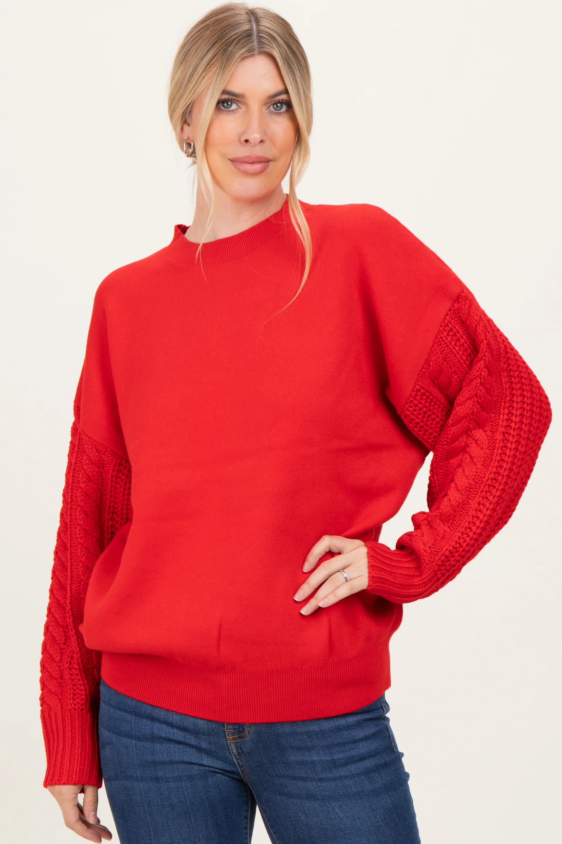 Red Cable Knit Sleeve Round Neck Sweater - Image 2