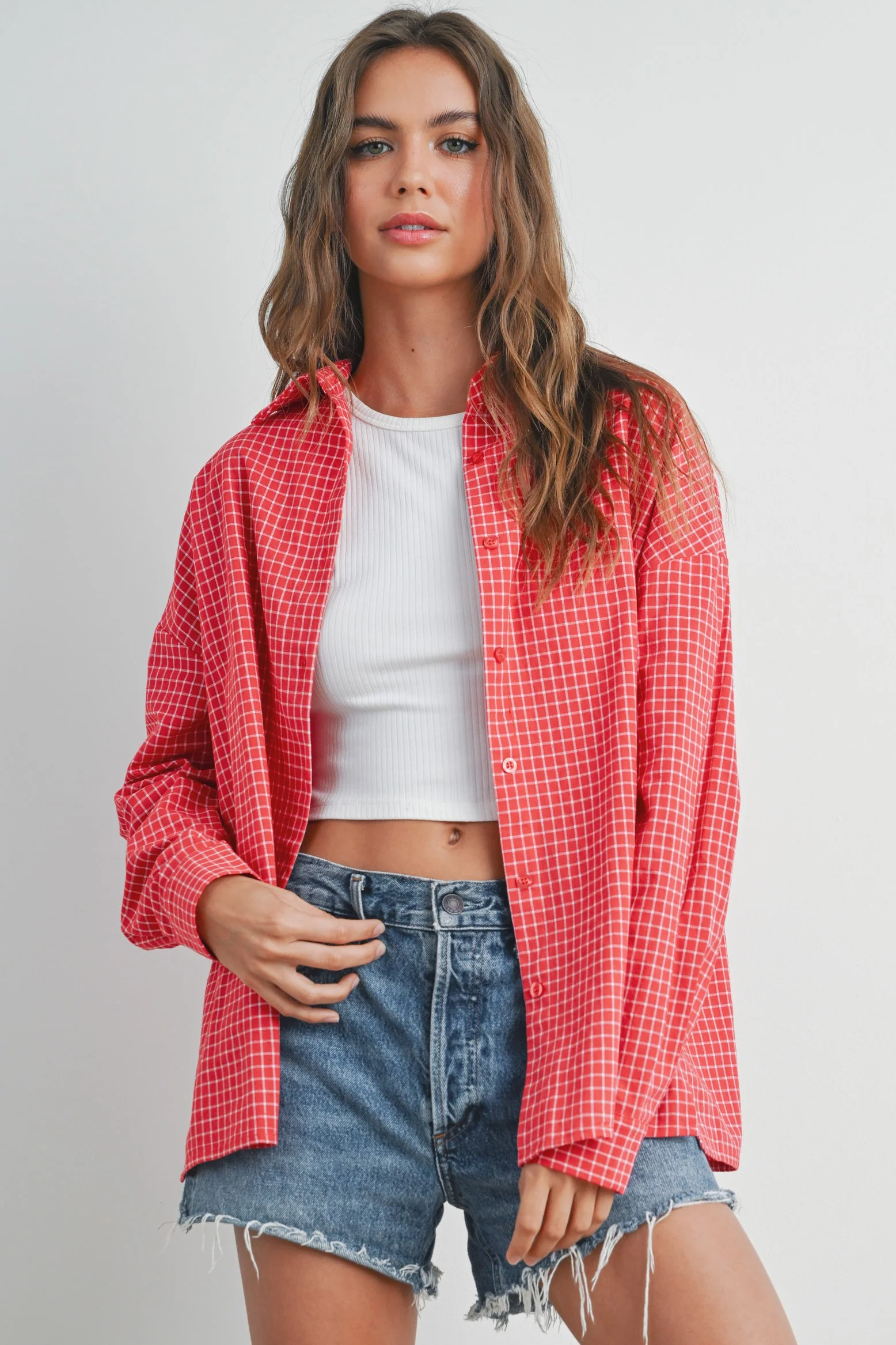 Red Checker Plaid Button Down Maternity Shirt - Image 5