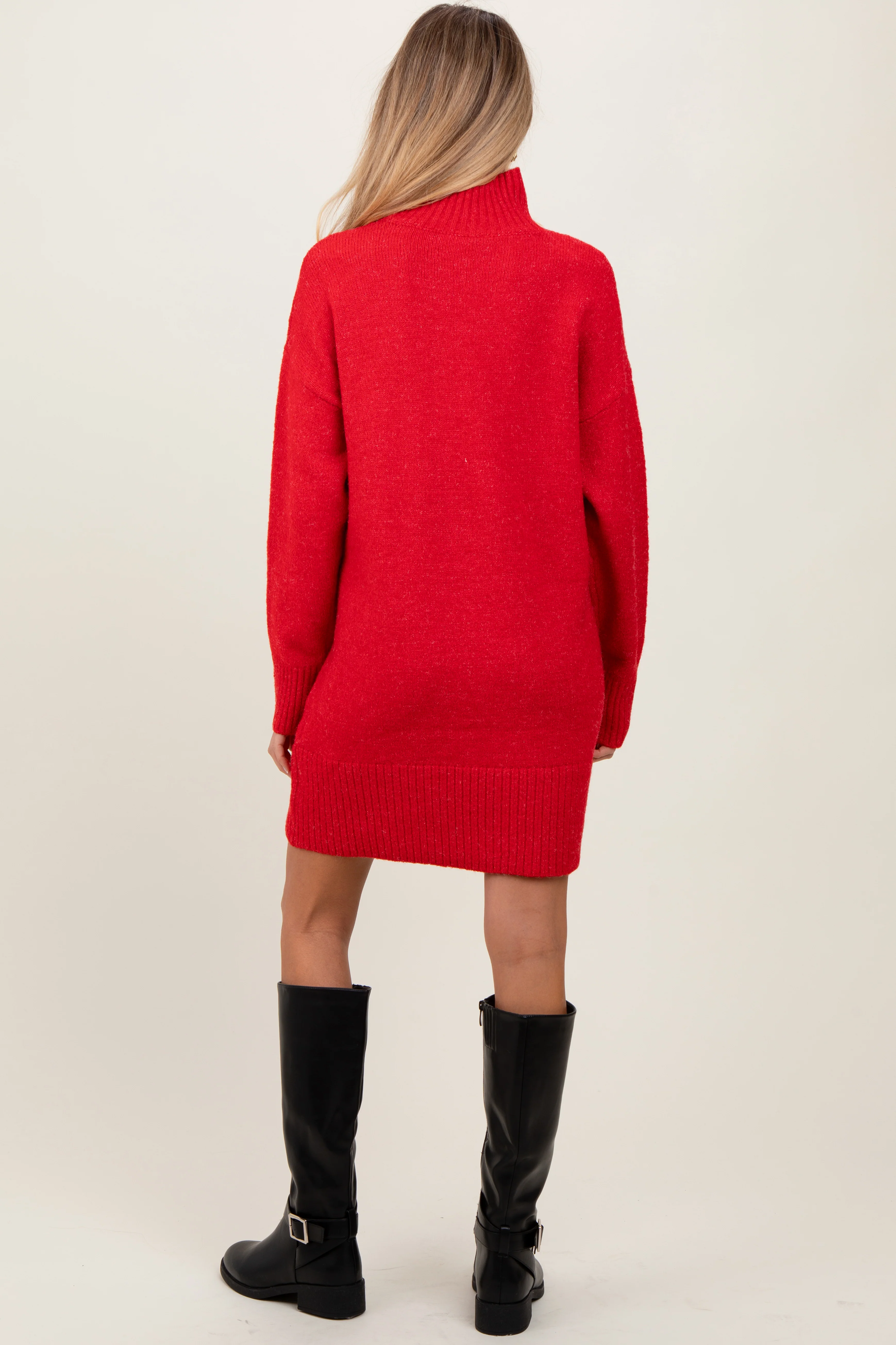 Red Chunky Knit Turtleneck Maternity Mini Sweater Dress - Image 4