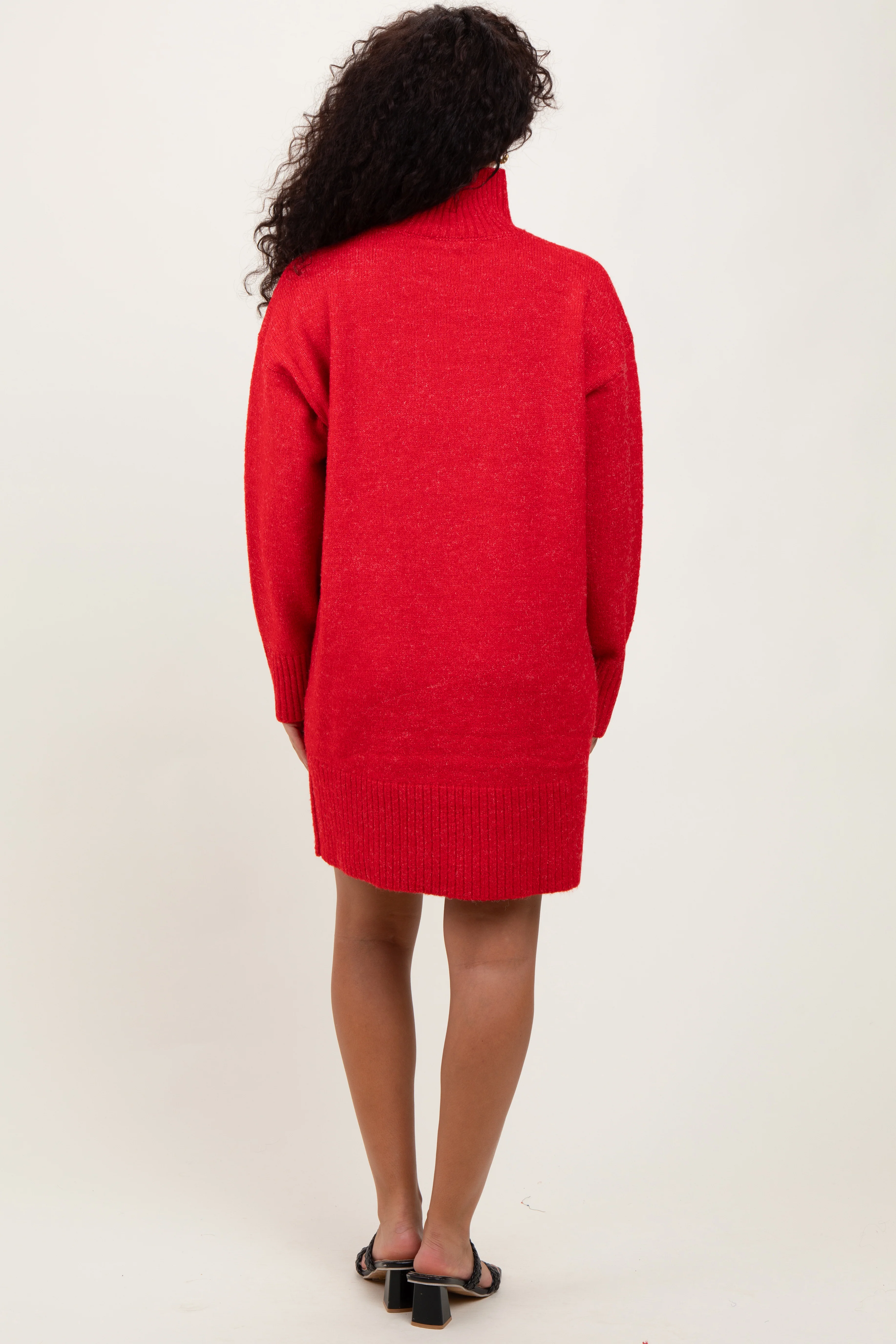 Red Chunky Knit Turtleneck Mini Sweater Dress - Image 4