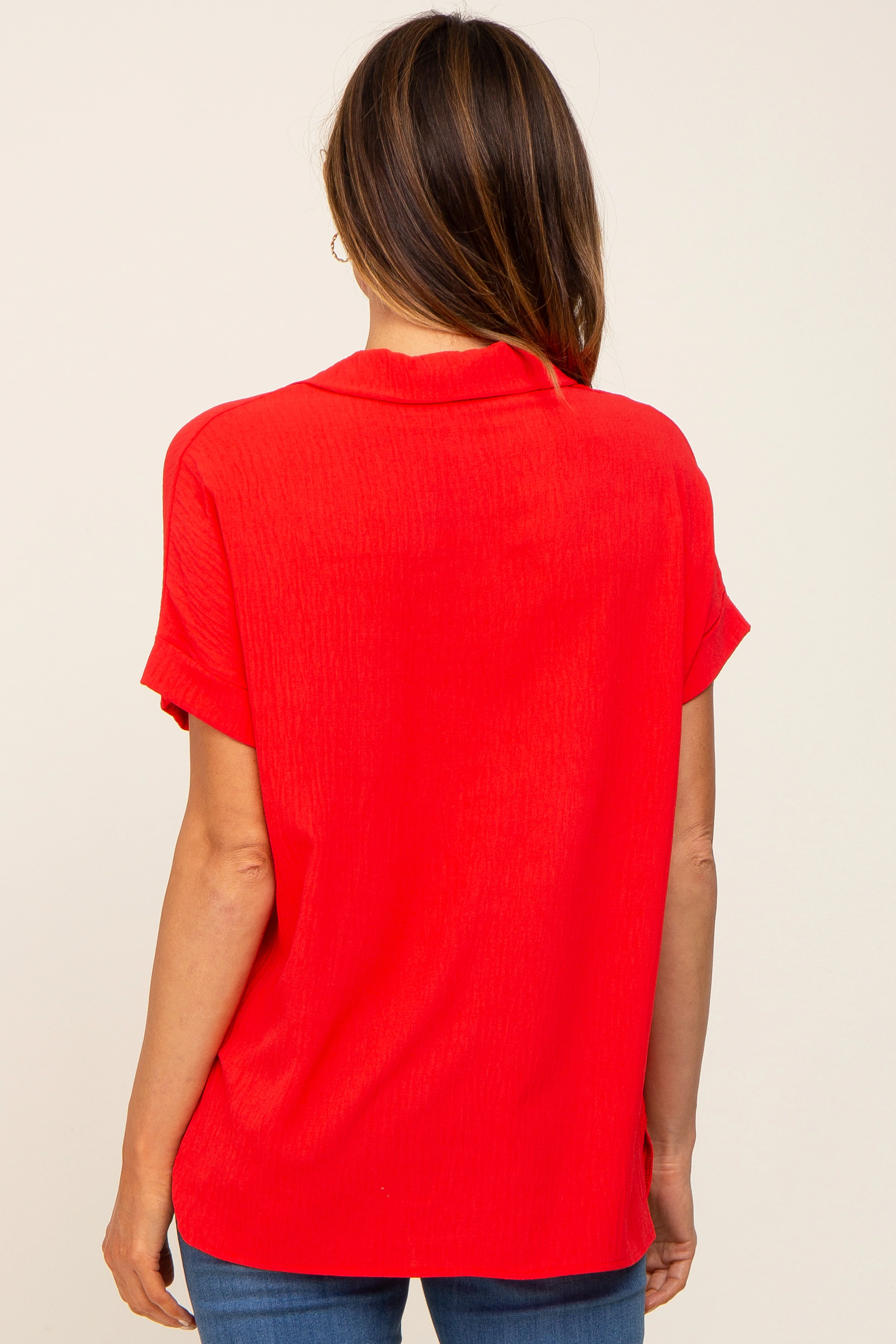 Red Collared Button-Down Short Sleeve Blouse - Image 3