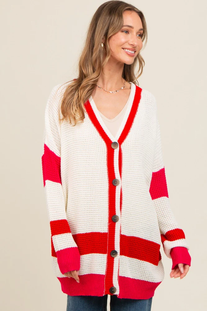 Red Colorblock Button Down Cardigan - Image 3
