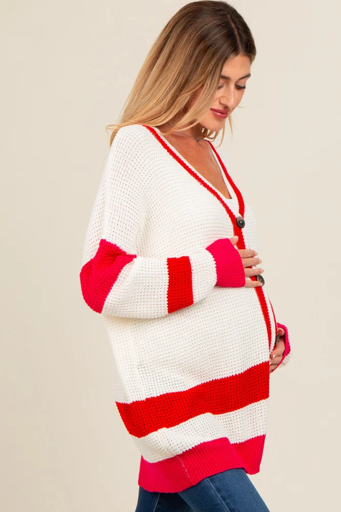 Red Colorblock Button Down Maternity Cardigan - Image 3