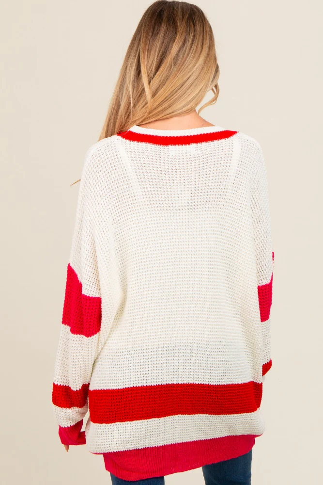 Red Colorblock Button Down Maternity Cardigan - Image 4