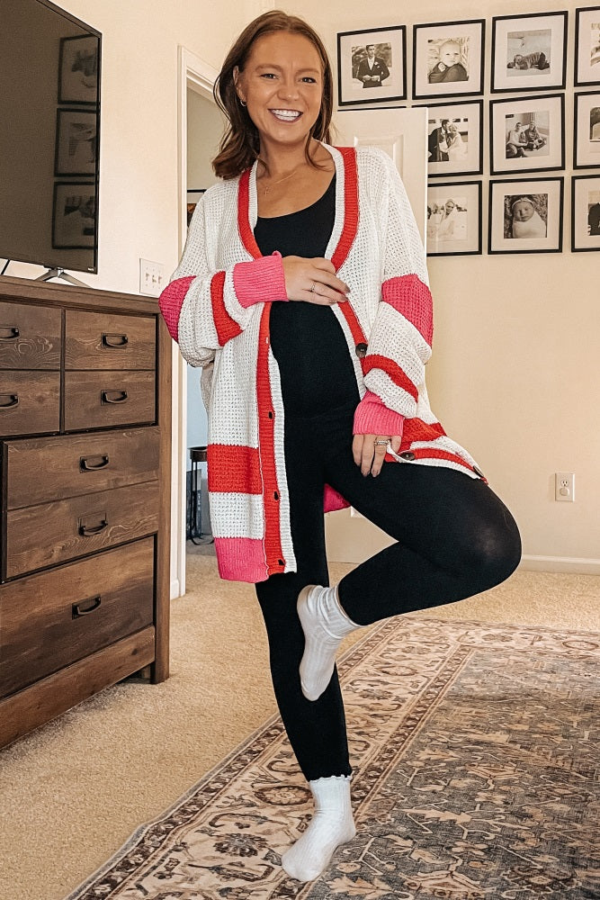 Red Colorblock Button Down Maternity Cardigan - Image 5