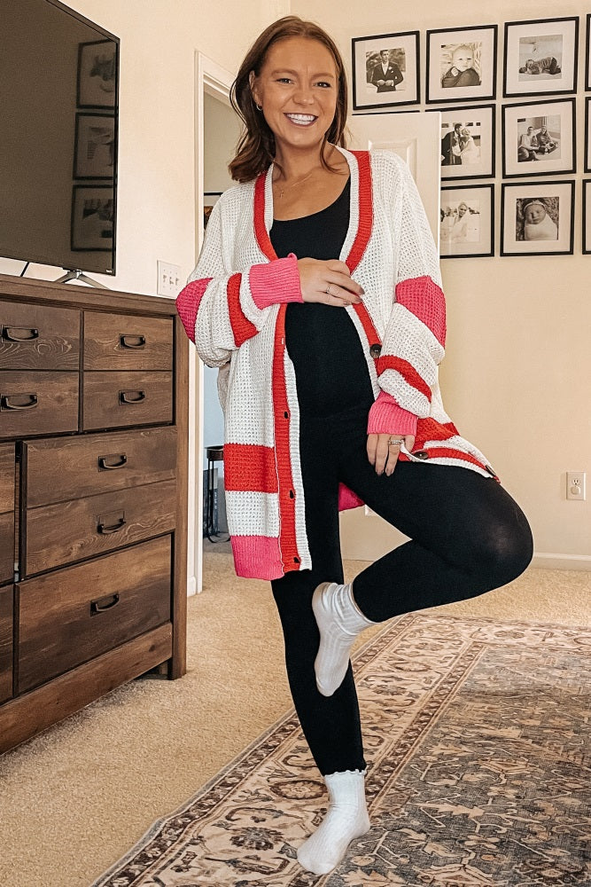 Red Colorblock Button Down Maternity Cardigan - Image 6