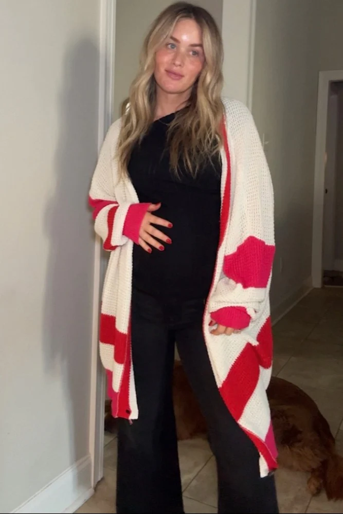 Red Colorblock Button Down Maternity Cardigan - Image 7
