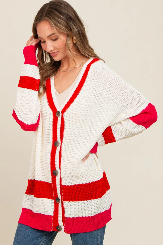 Red Colorblock Button Down Maternity Cardigan - Image 8