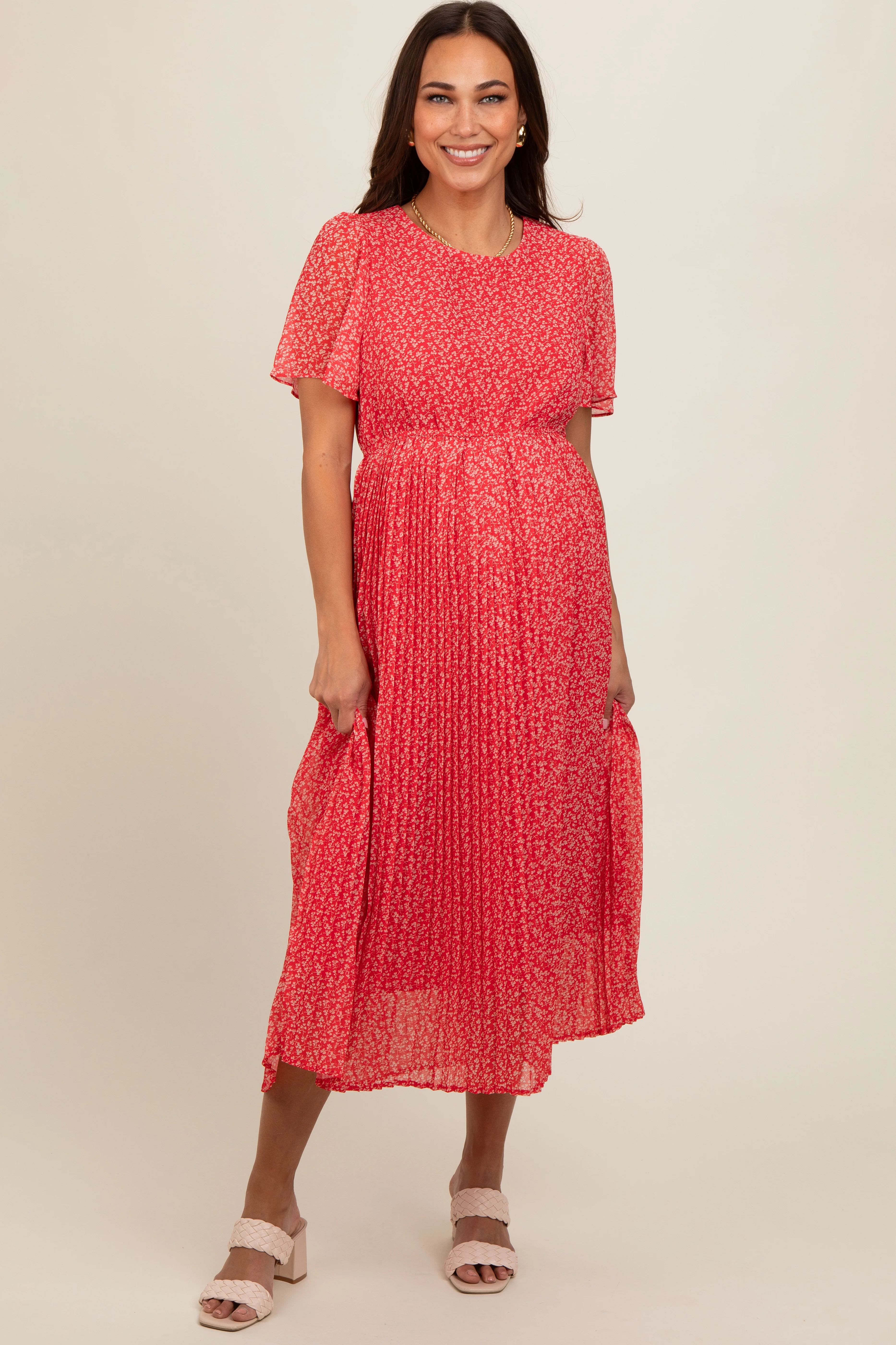 Red Ditsy Floral Pleated Maternity Midi Dress - Image 2