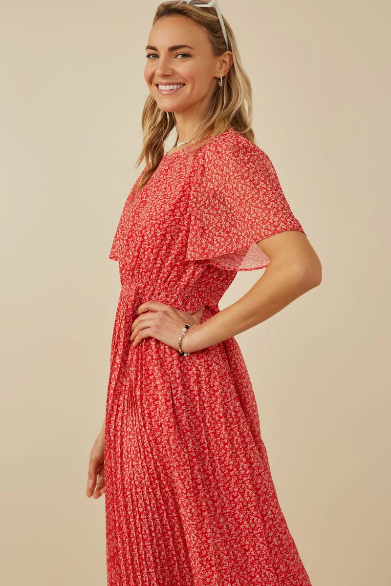 Red Ditsy Floral Pleated Midi Dress - Image 5